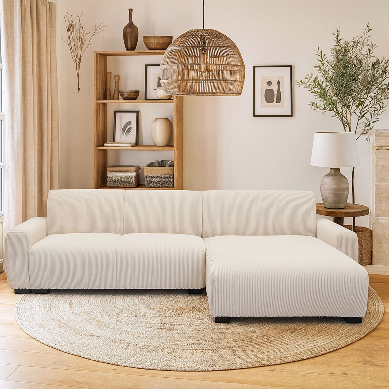 Canapé d'angle moderne 288cm Wallis Velours côtelé Crème
