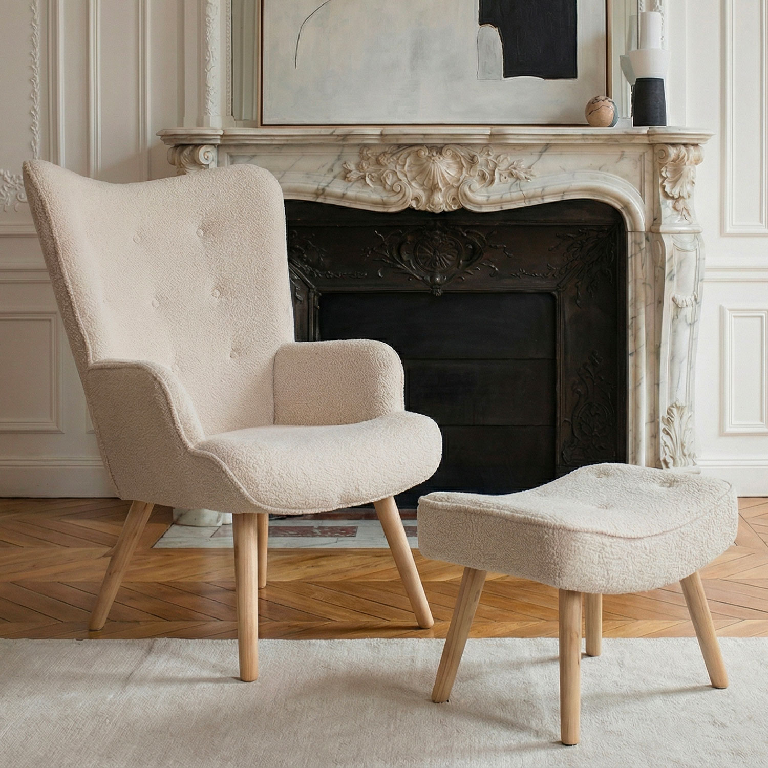 Fauteuil scandinave + pouf Lylou Tissu bouclette lainée Crème