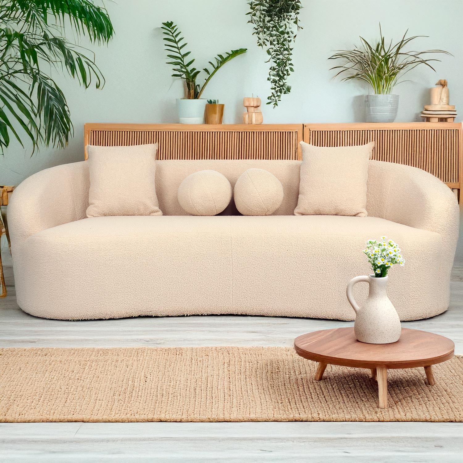 Canapé 4 places au design élégant et incurvé Alex XL Tissu bouclette Beige