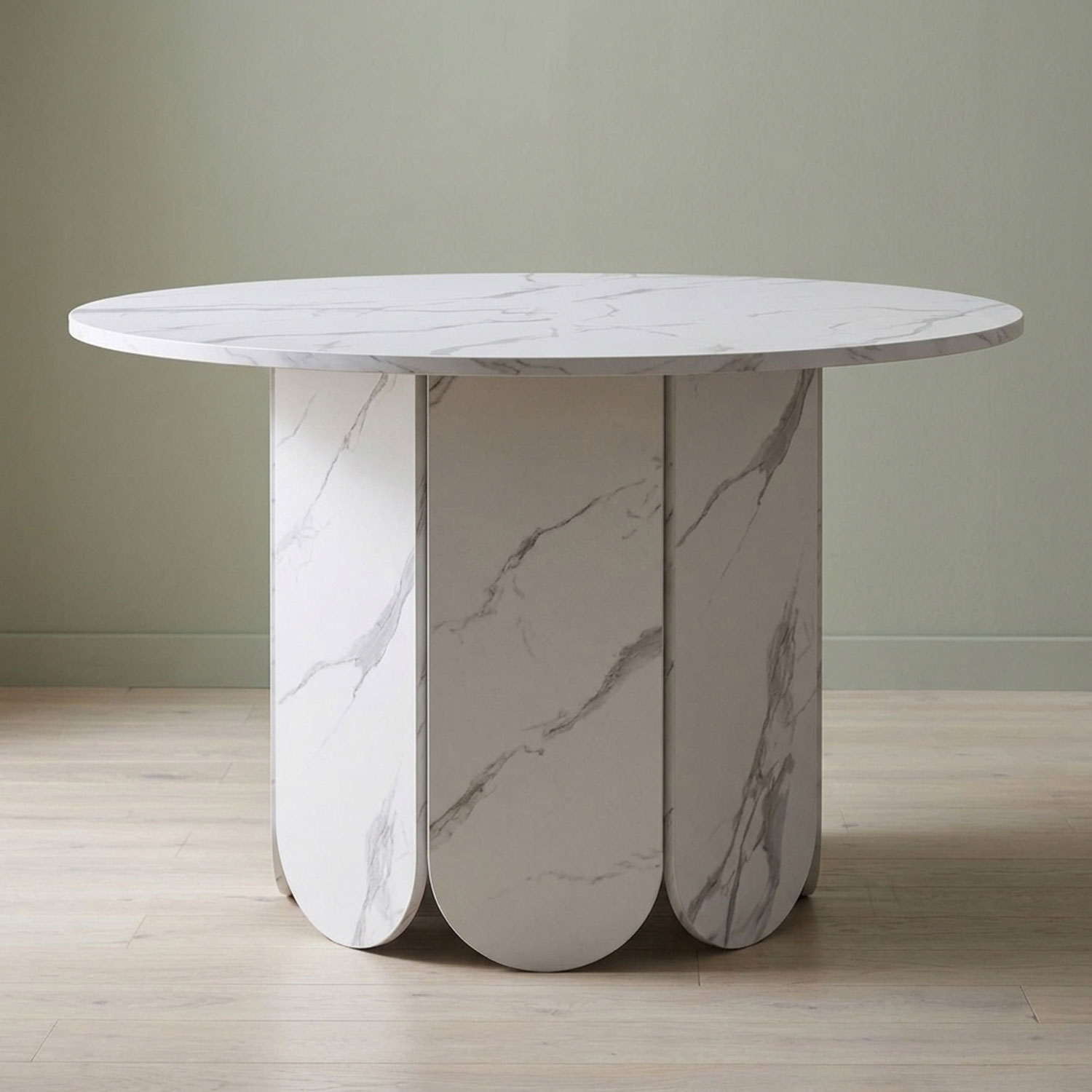 Table ronde style japandi extensible 310cm Tulipa rallonges intégrées Effet marbre Blanc