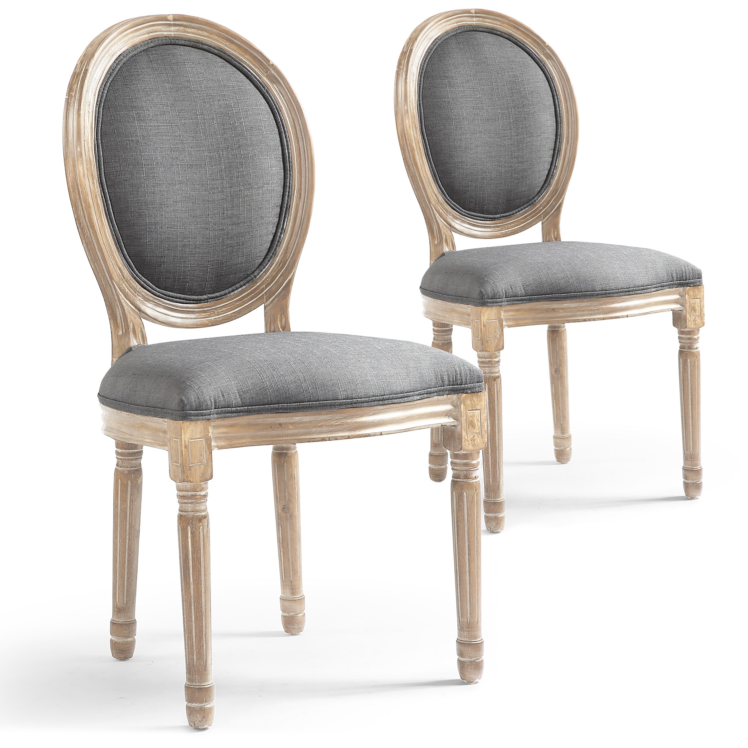 Lot de 2 chaises médaillon style Louis XVI Bois massif patiné et Tissu Gris