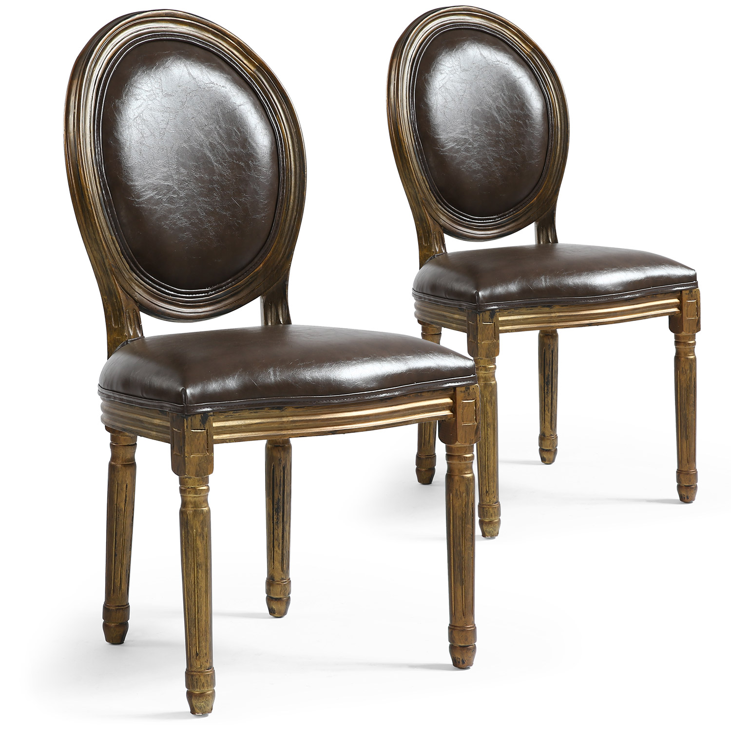 Lot de 2 chaises médaillon Louis XVI Bois massif patiné Or et Simili (P.U) Marron