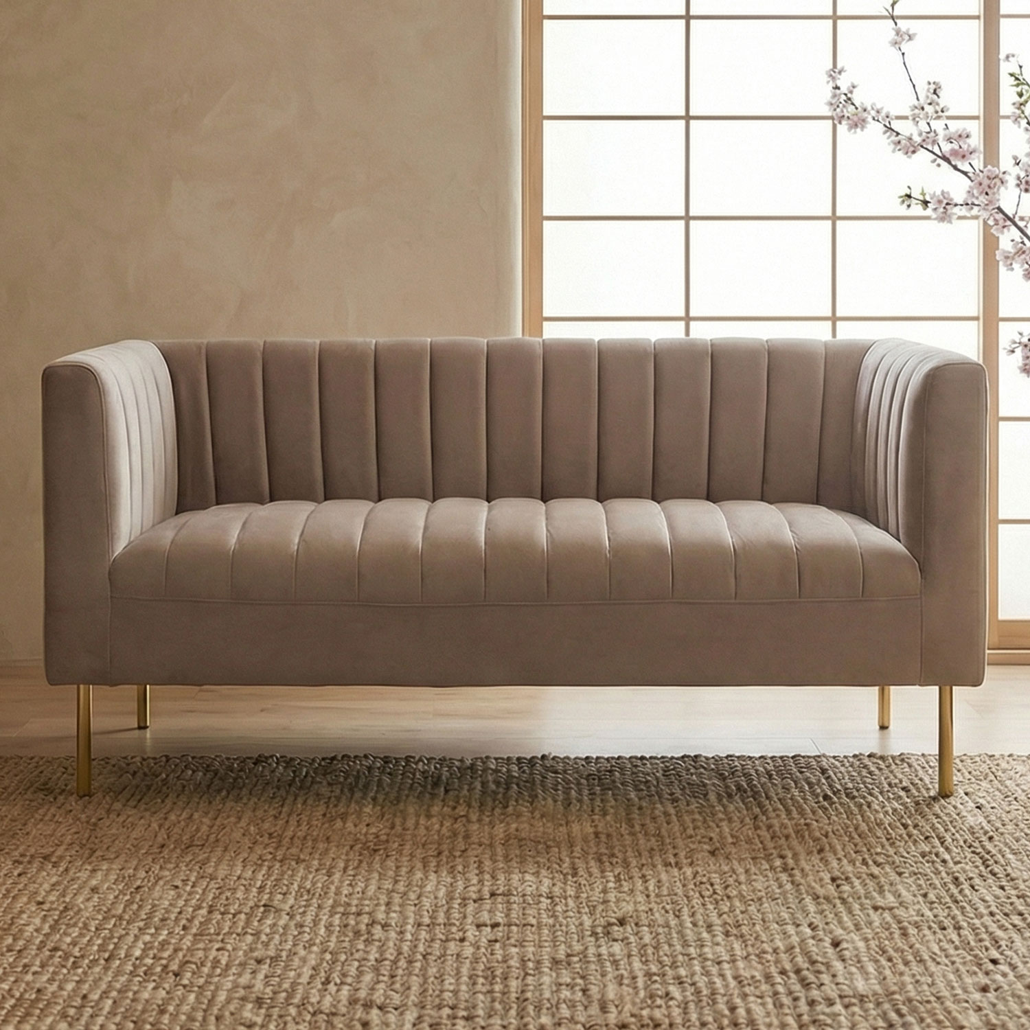 Canapé moderne 2 places à coutures verticales Sacramento Velours Taupe