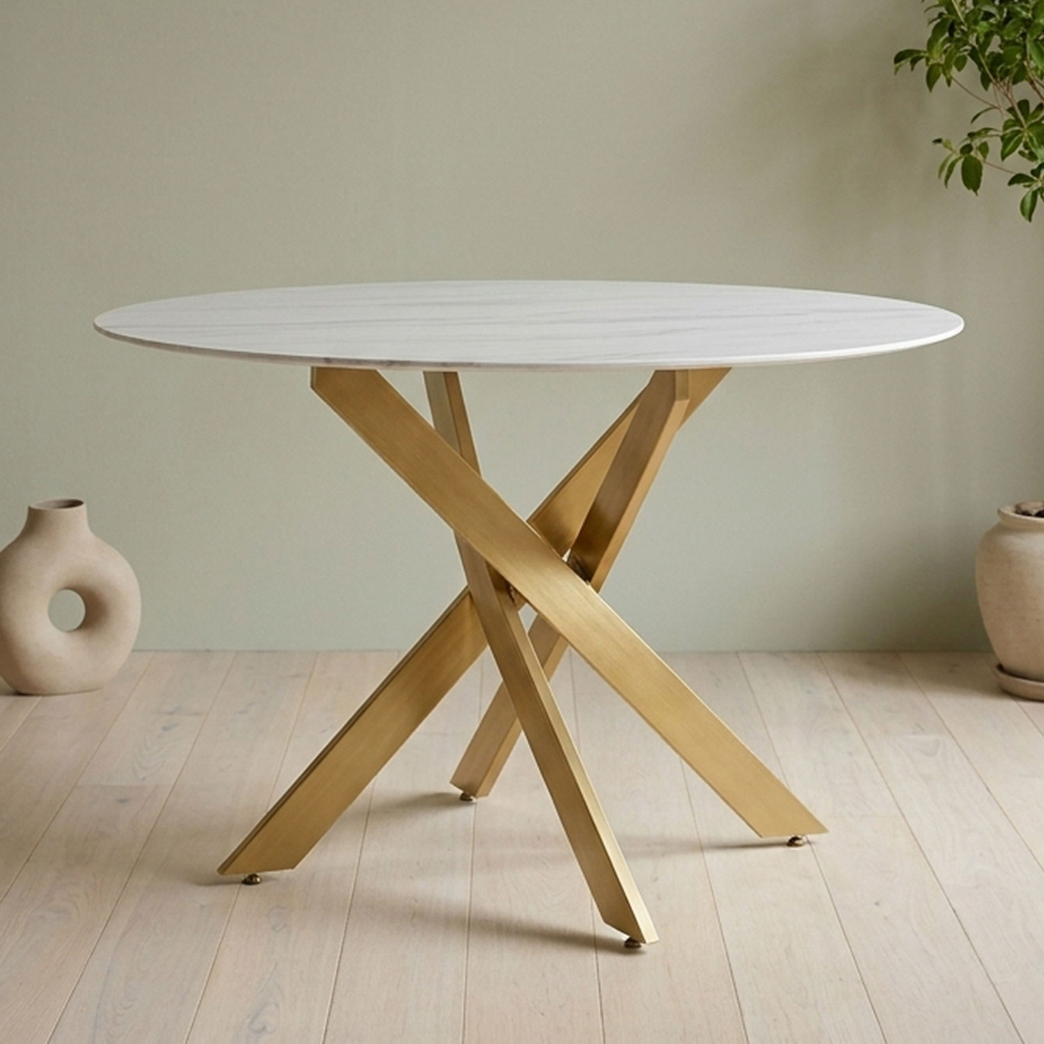 Table ronde Corix Verre effet Marbre Blanc et pieds Or