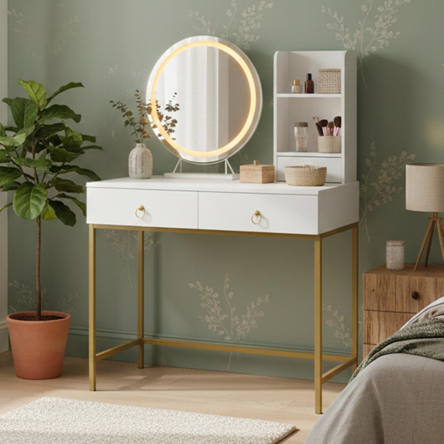 Coiffeuse moderne avec miroir rond lumineux Oracle L90cm Blanc et Or