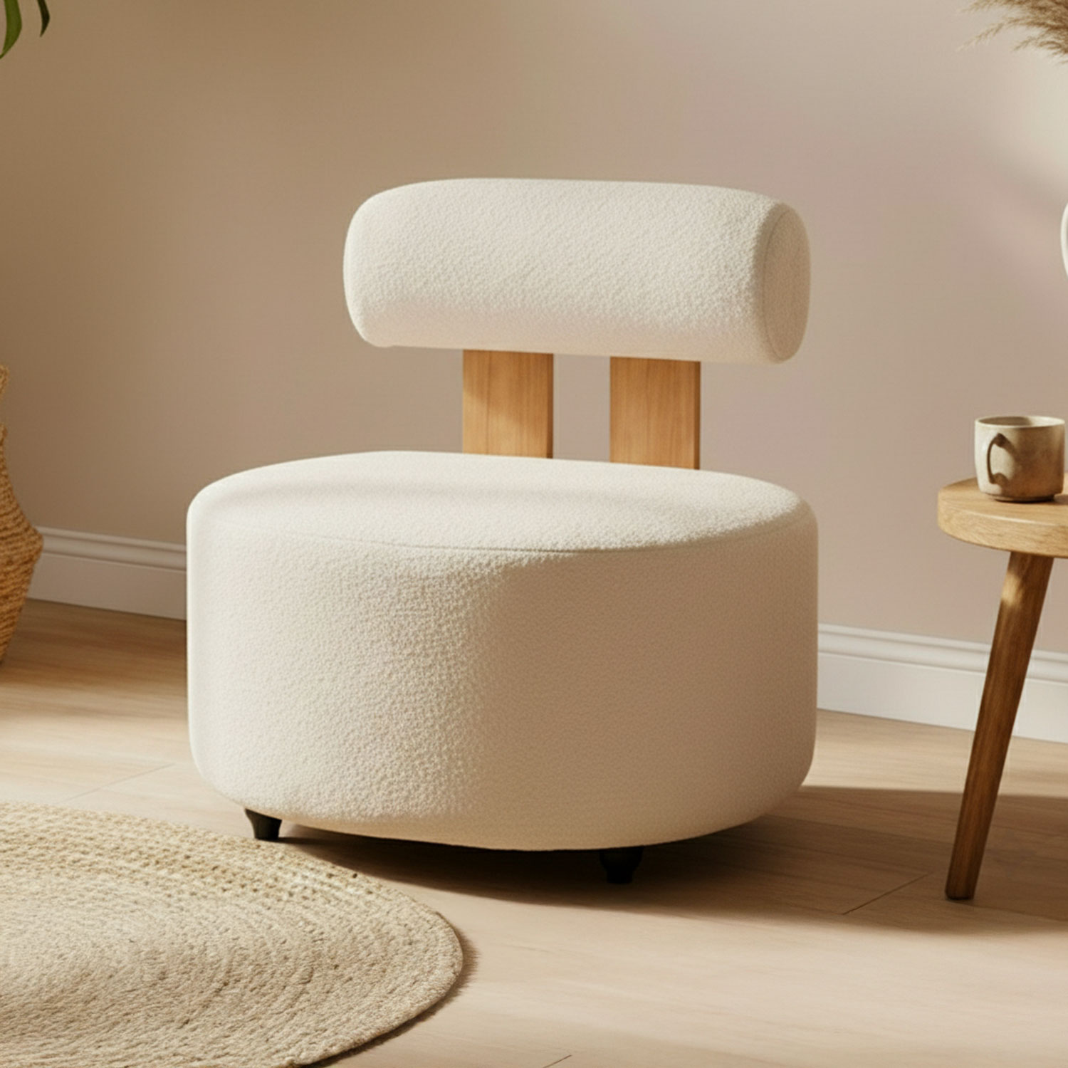 Fauteuil design Canelo Bois clair et Tissu bouclette Crème