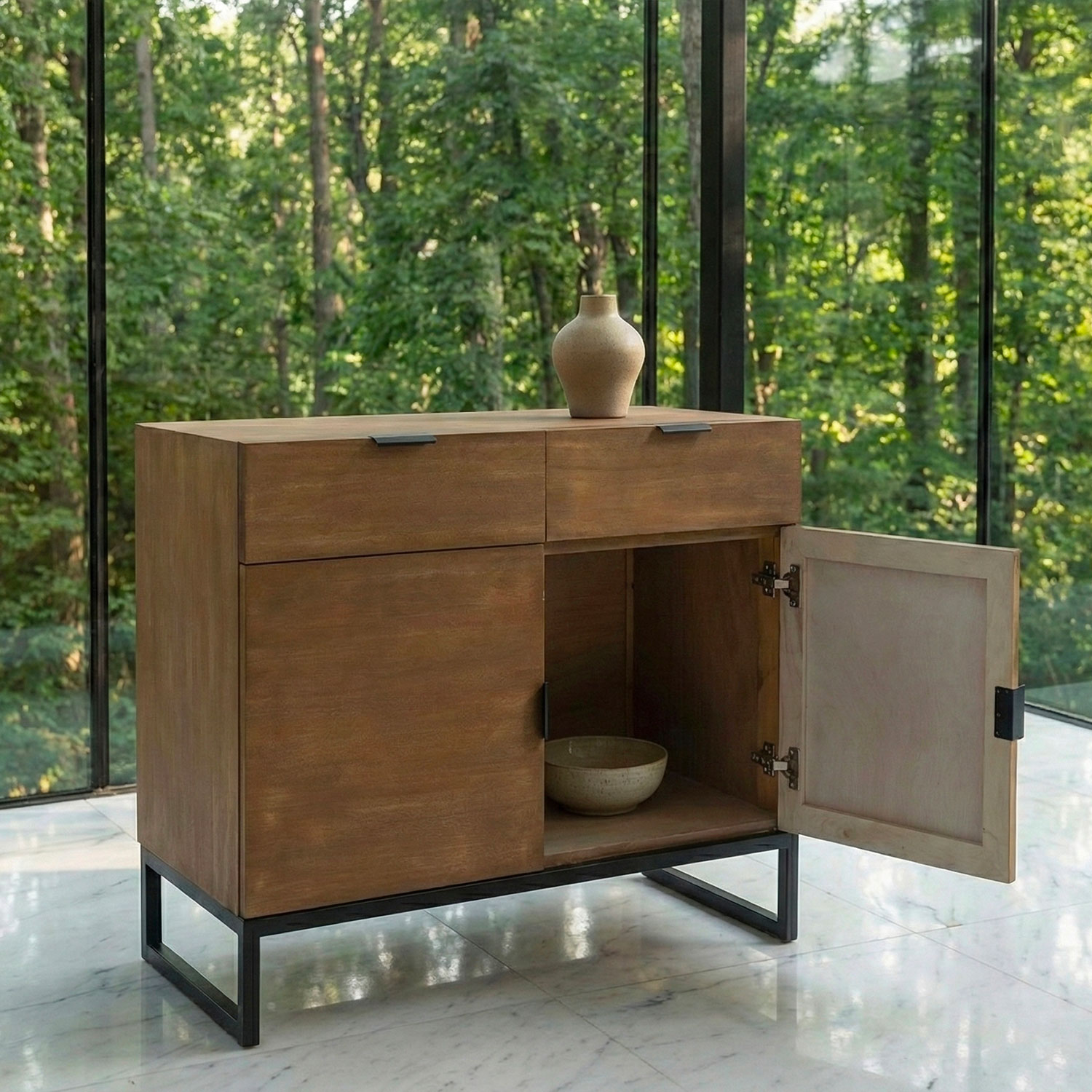 Commode 2 tiroirs et 2 portes battantes Panara L79cm Bois d'acacia patiné