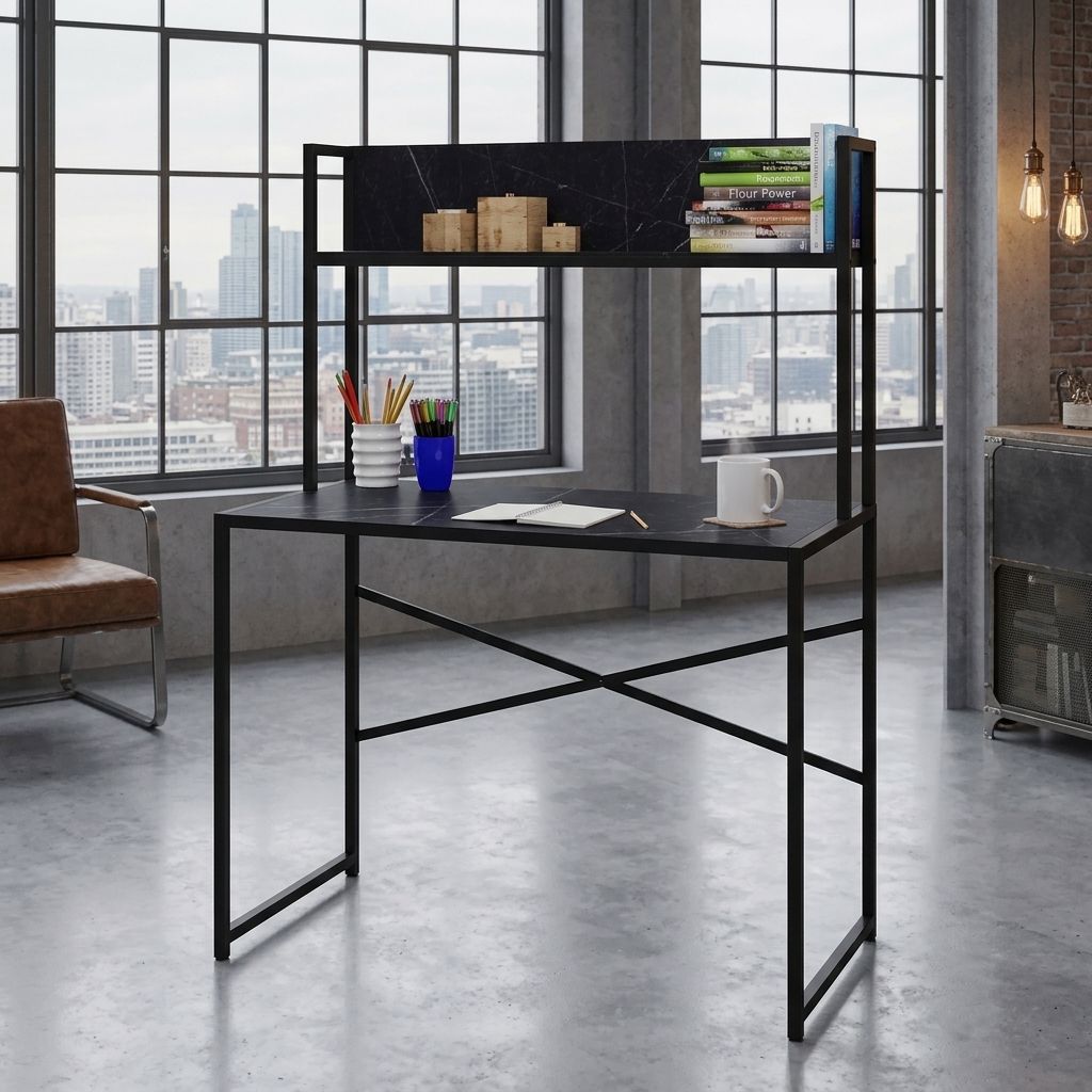 Bureau avec étagère style industriel L100xP50cm Noir