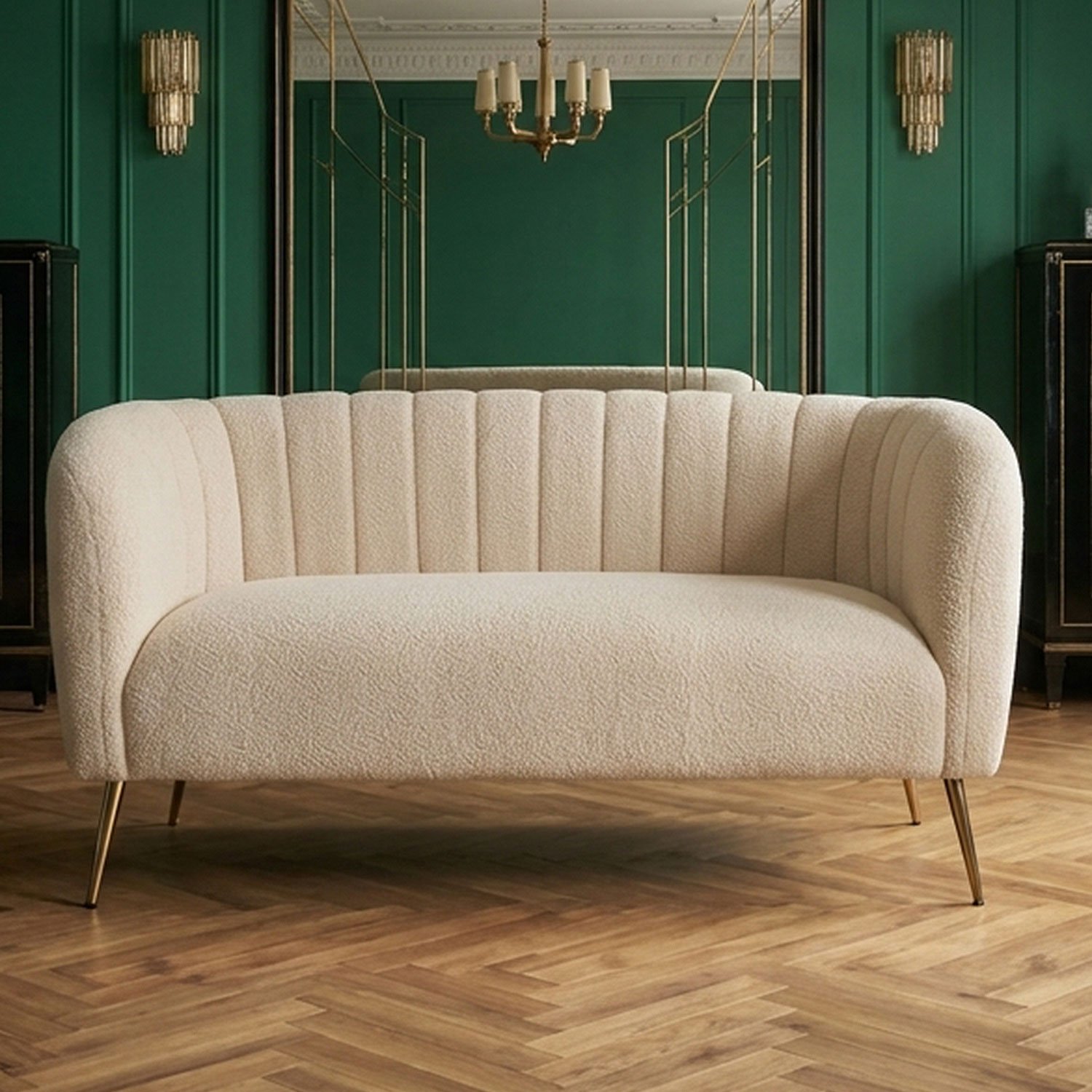 Canapé 2 places moderne Bombaro pieds métal doré et Tissu bouclette Beige