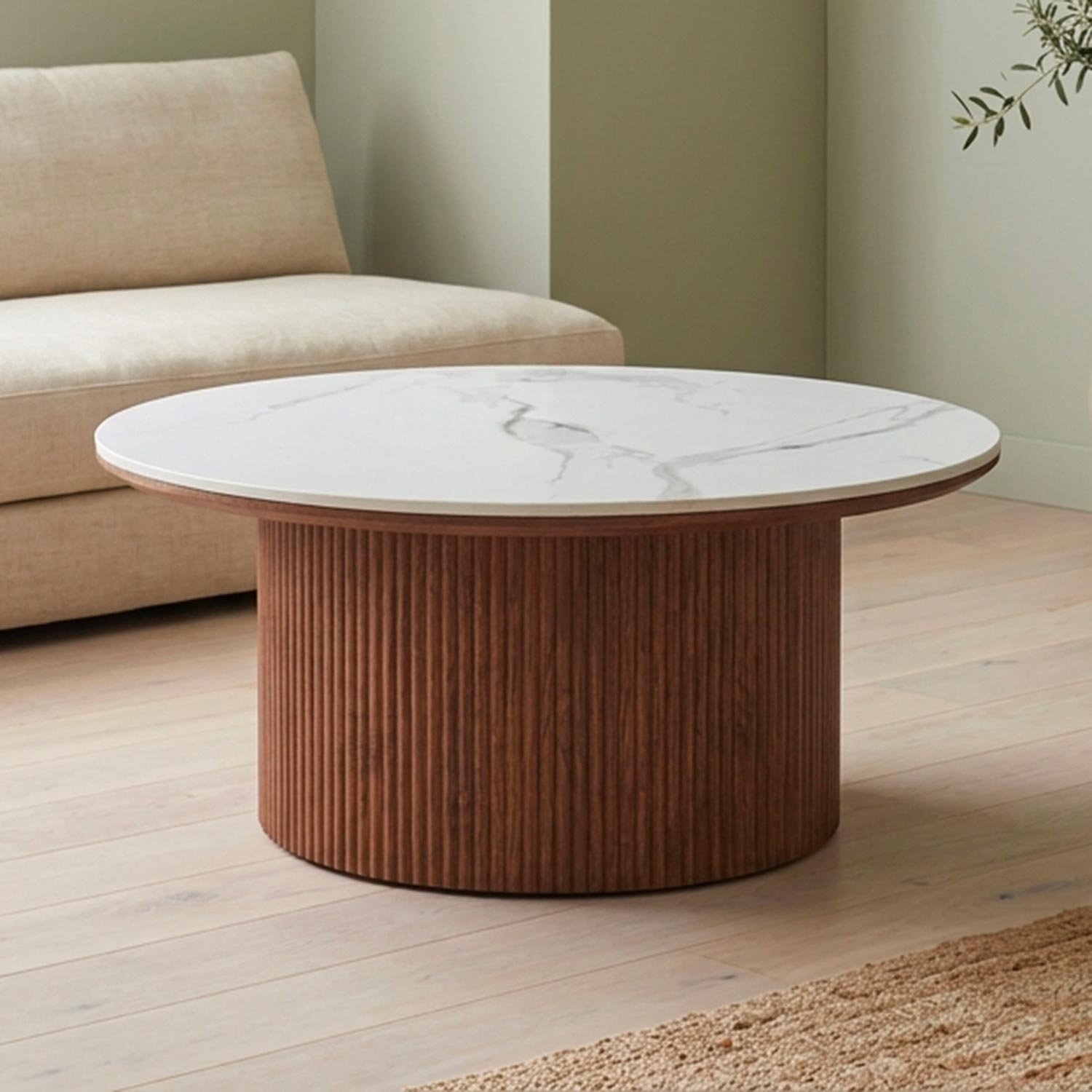 Table basse moderne ronde 80cm Eglantine Bois et Céramique Effet marbre Blanc