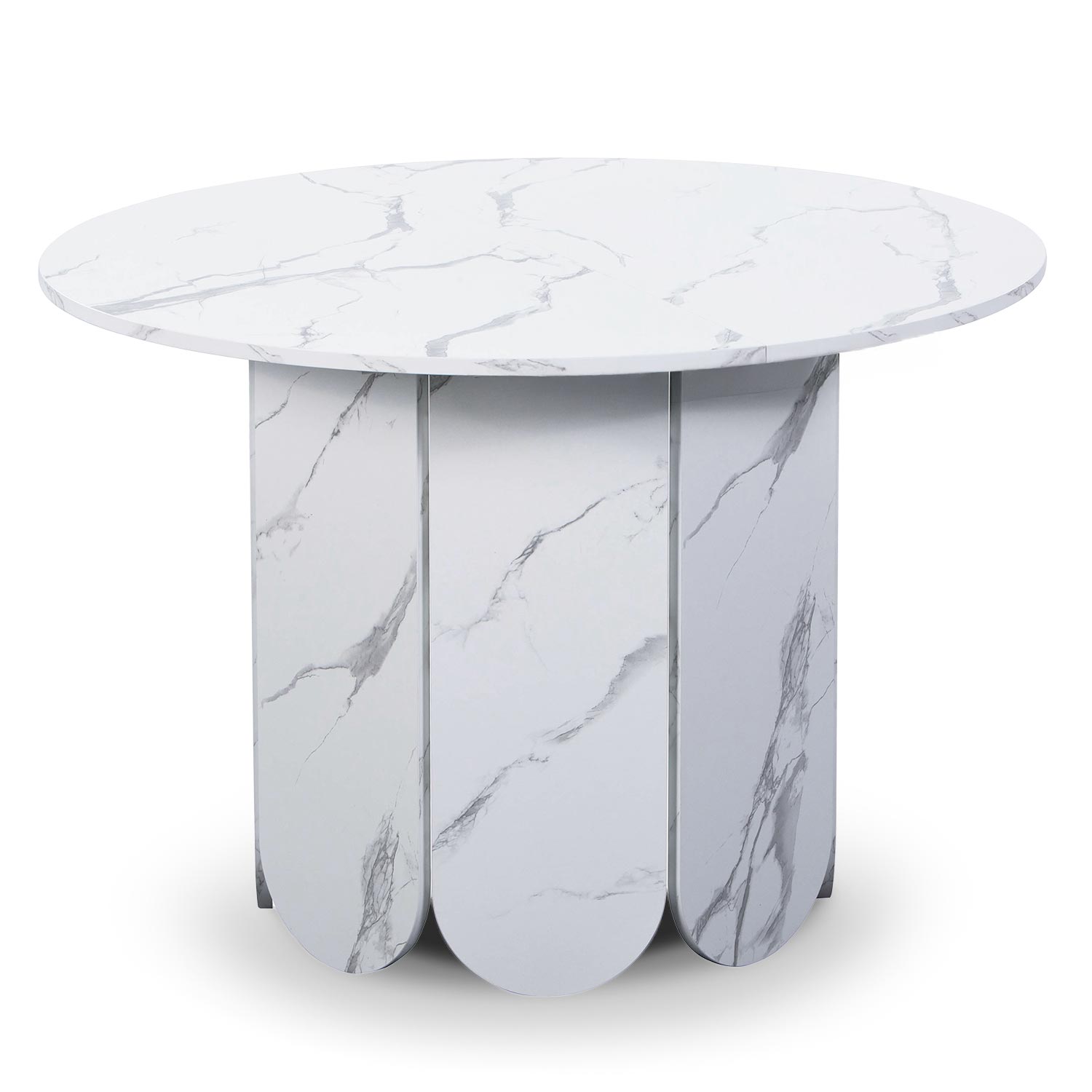 Table ronde style japandi extensible 310cm Tulipa rallonges intégrées Effet marbre Blanc