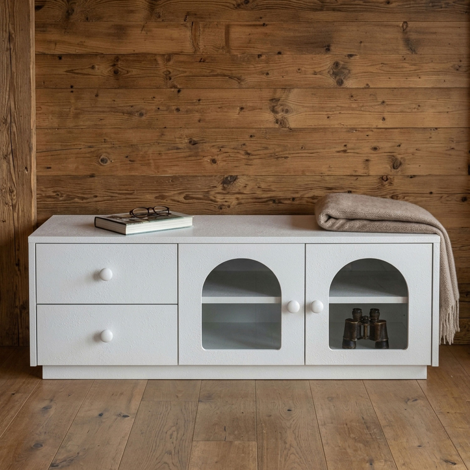 Table basse 60x100cm avec portes et tiroirs style naturel chic Volos Blanc texturé