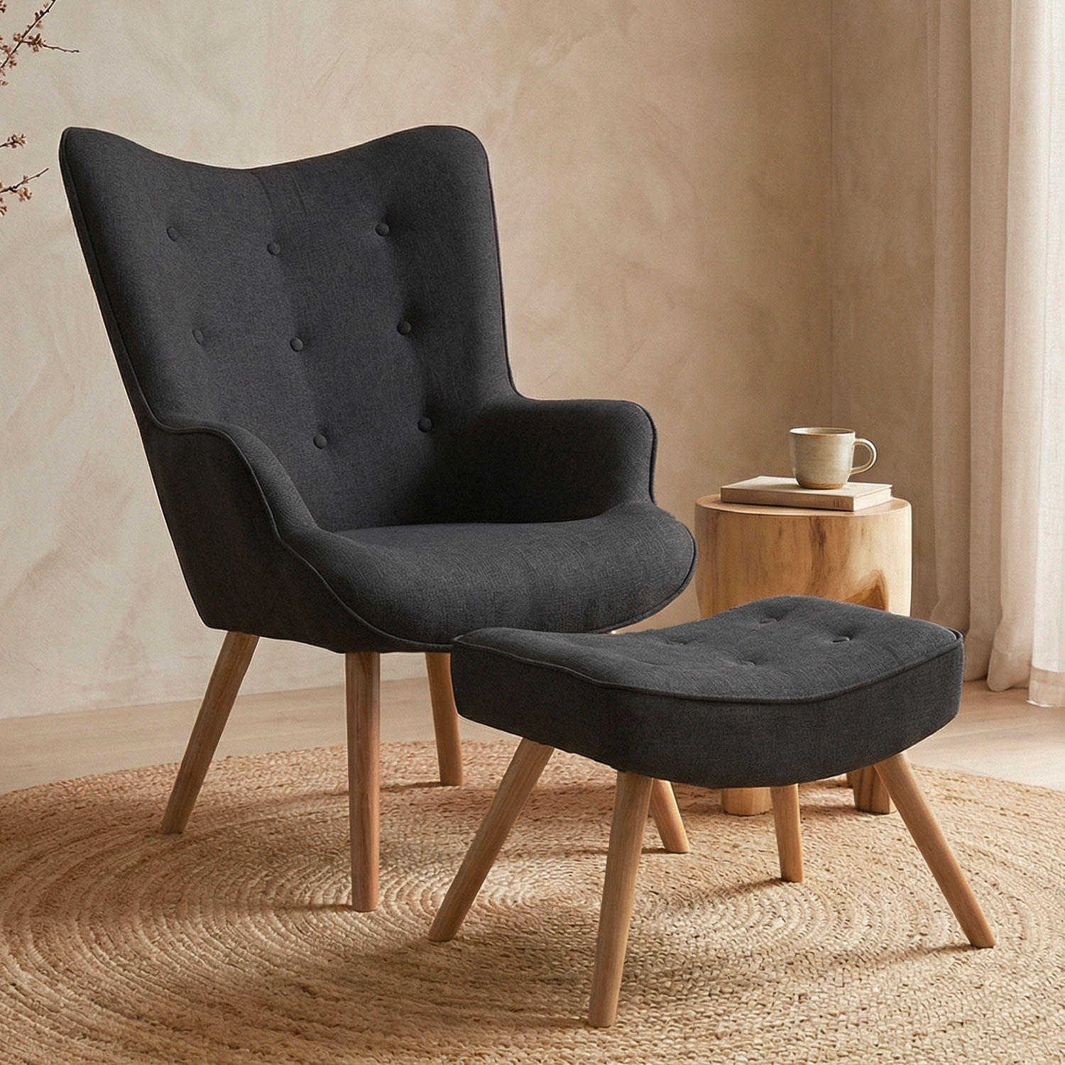 Fauteuil scandinave + pouf Lylou Tissu Noir