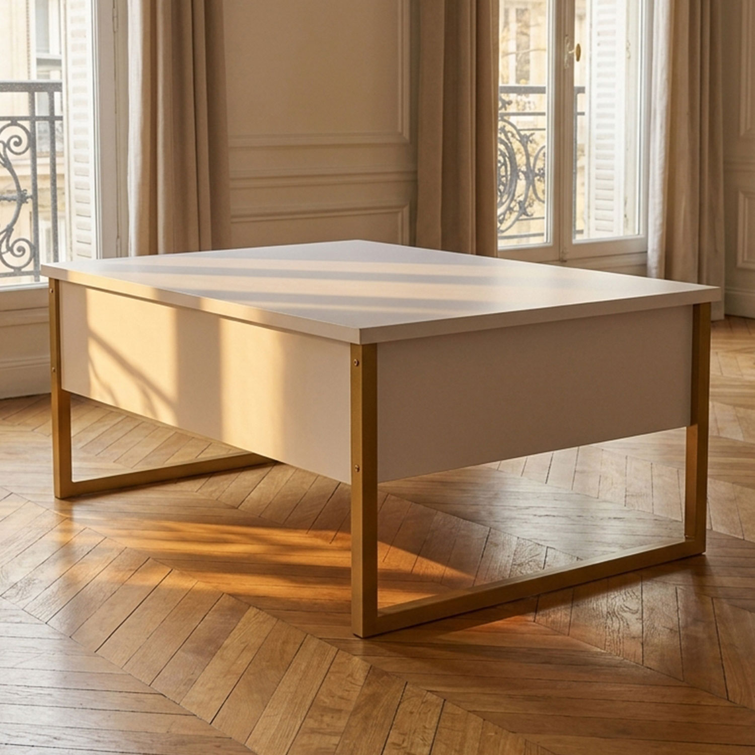 Table basse moderne Valmain 60x90cm Blanc et Métal Or