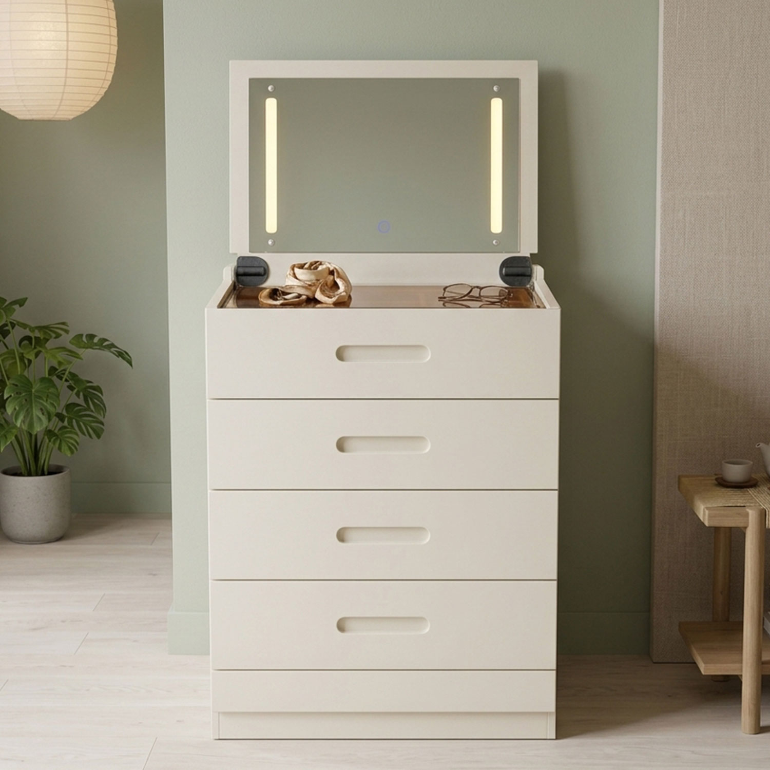Coiffeuse compacte 60cm avec miroir LED, tiroir et pouf intégré Germina XL Blanc