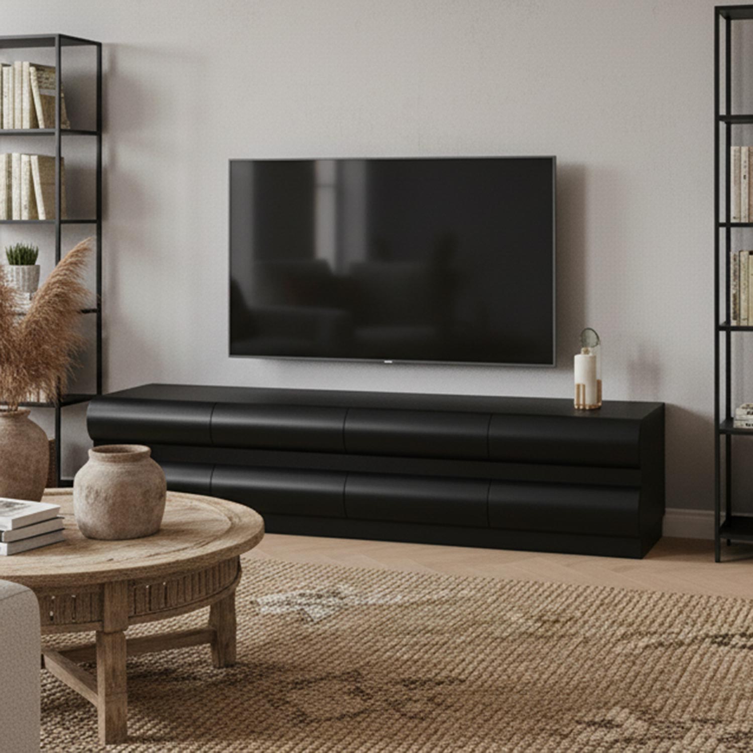 Meuble tv 8 tiroirs arrondis Mezade Bois Noir