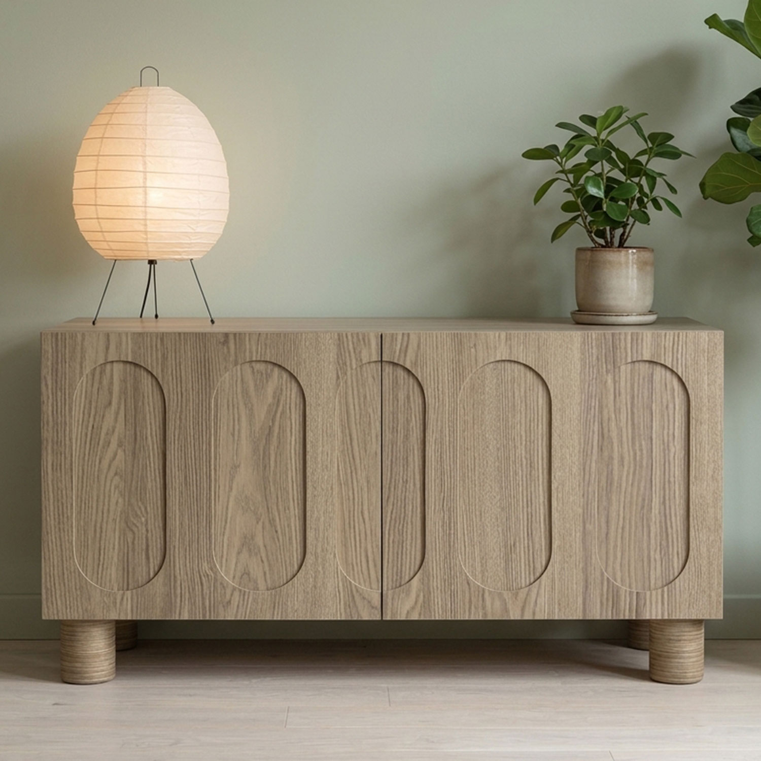 Petit buffet rétro-moderne avec portes sculptées Durand L80cm Chêne grisé