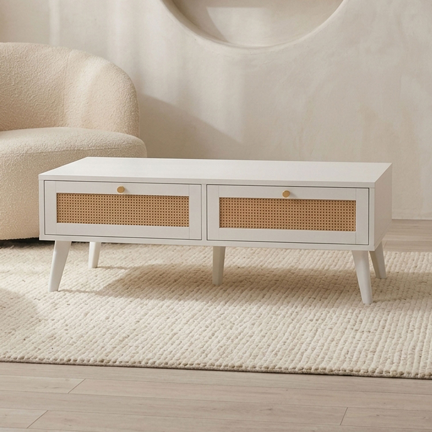 Table basse 2 tiroirs avec cannage Dalgora L120cm Blanc
