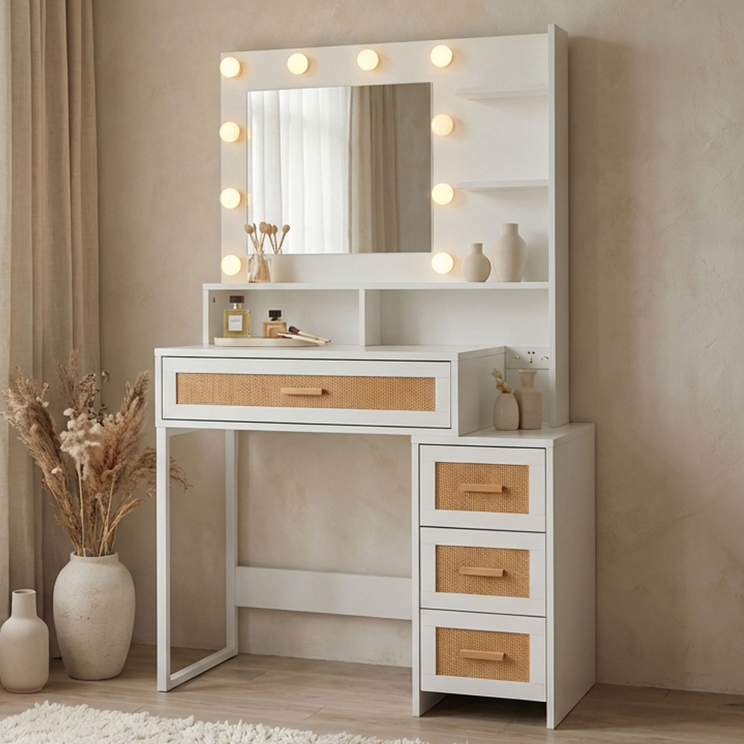 Coiffeuse 4 tiroirs et miroir LED 3 couleurs Miraclas L92cm Bois Blanc et Rotin