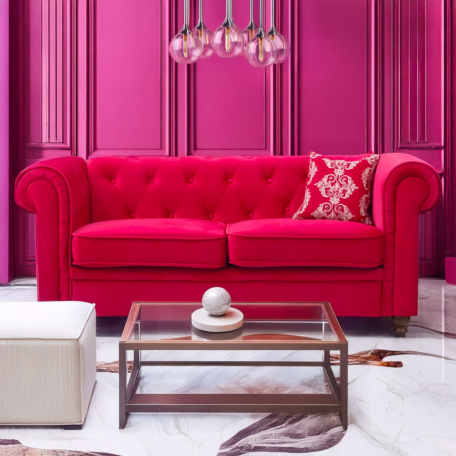 Grand canapé 2 places Chesterfield Velours Rouge
