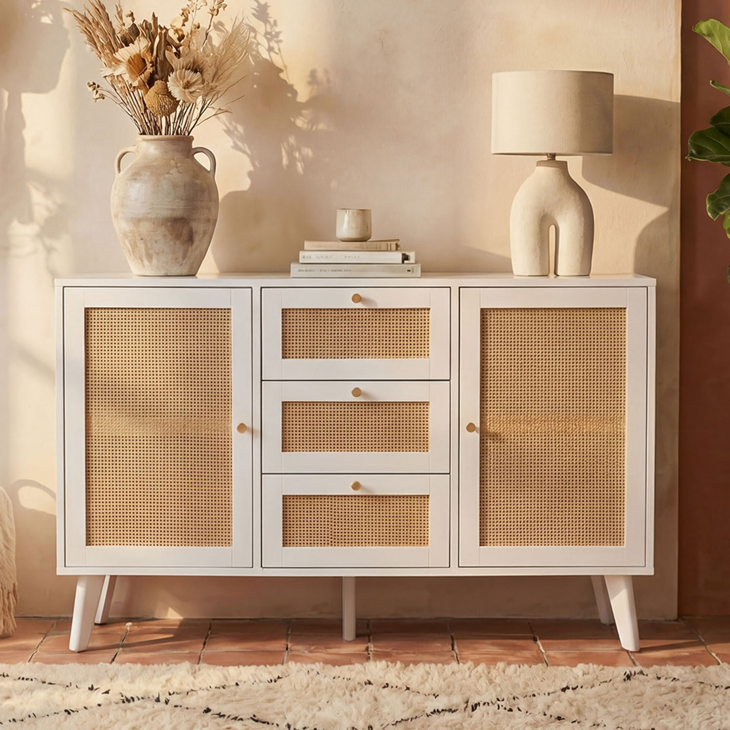 Buffet 3 tiroirs et 2 portes avec cannage Dalgora L120cm Blanc