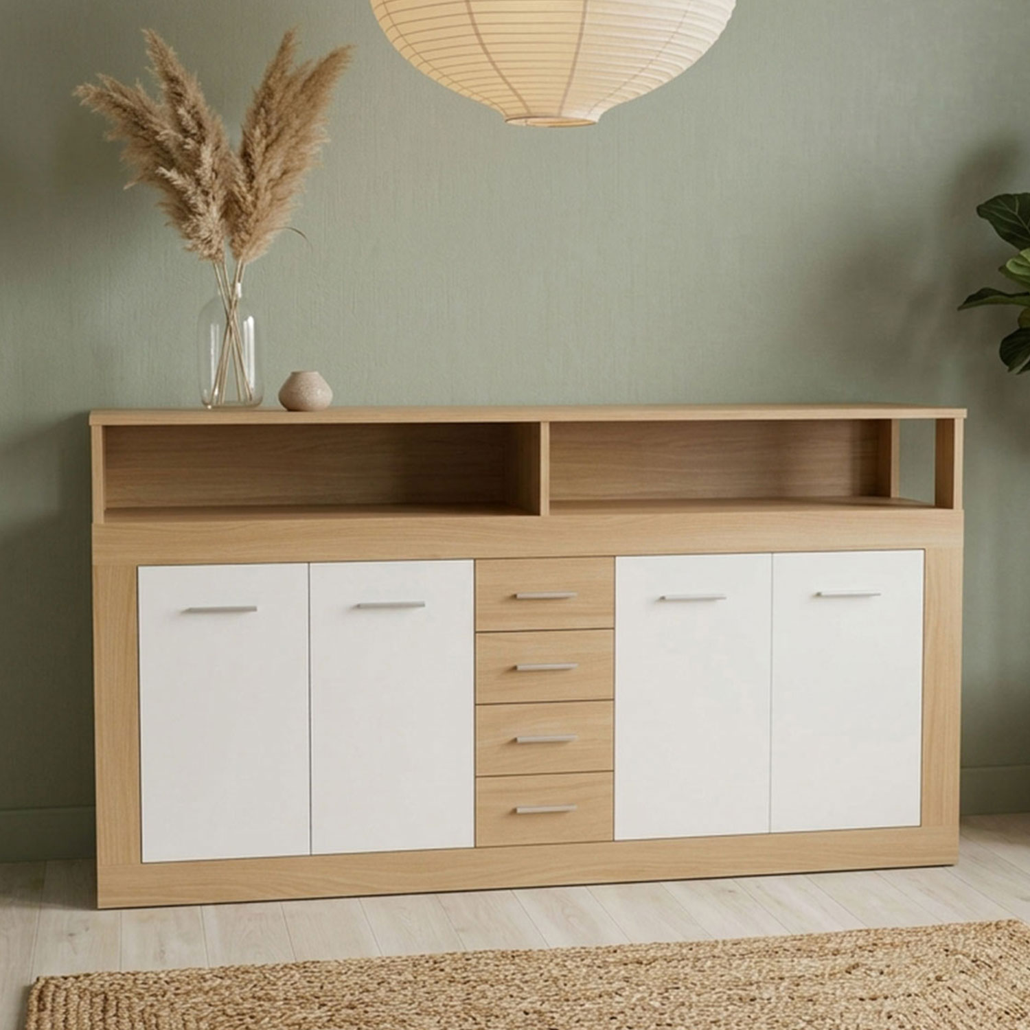 Buffet contemporain L190cm 4 portes er 4 tiroirs Lunata Bois sonoma et Blanc