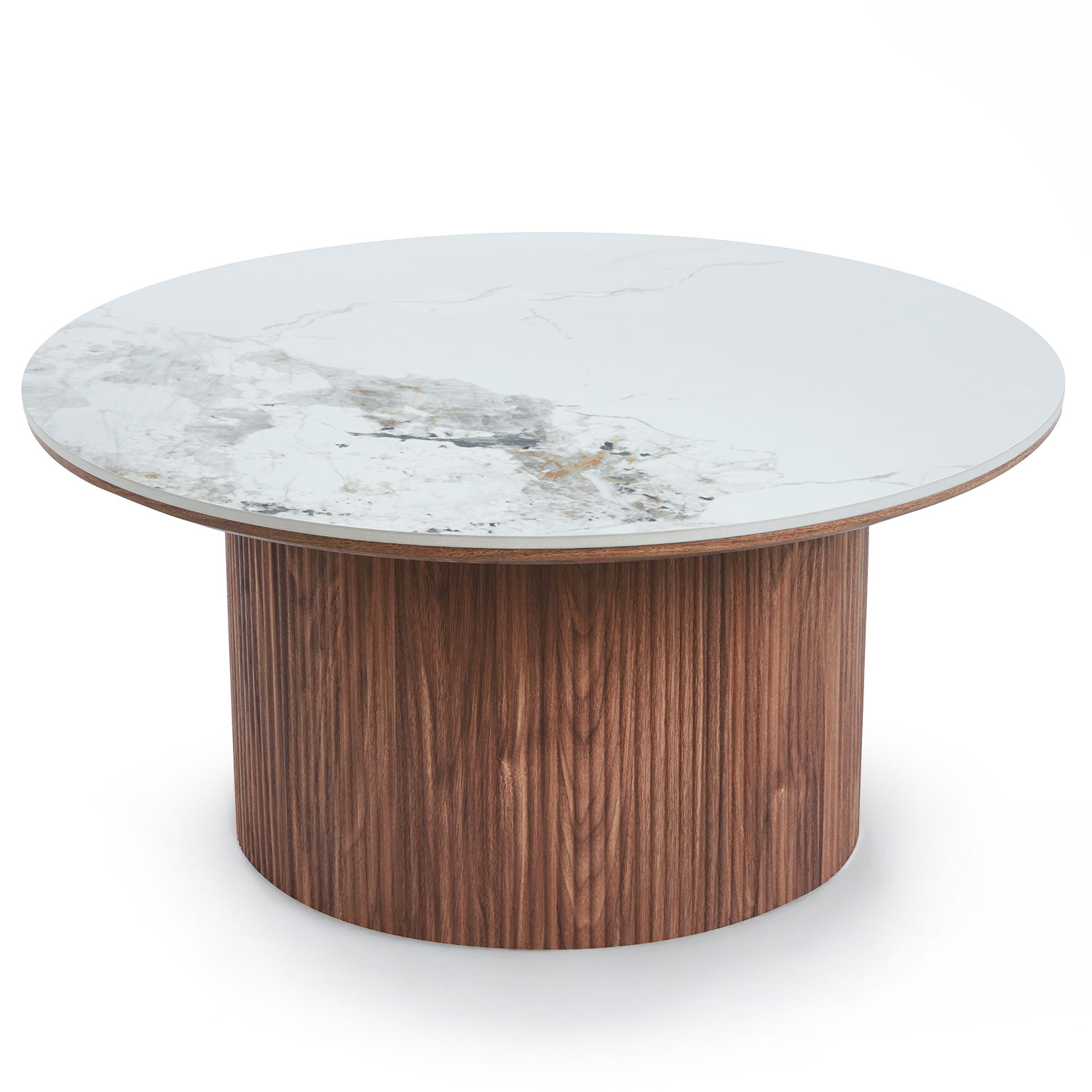 Table basse moderne ronde 80cm Eglantine Bois et Céramique Effet marbre Blanc