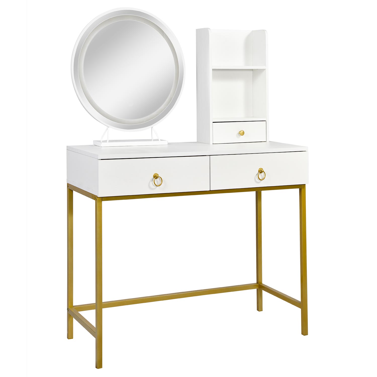 Coiffeuse moderne avec miroir rond lumineux Oracle L90cm Blanc et Or