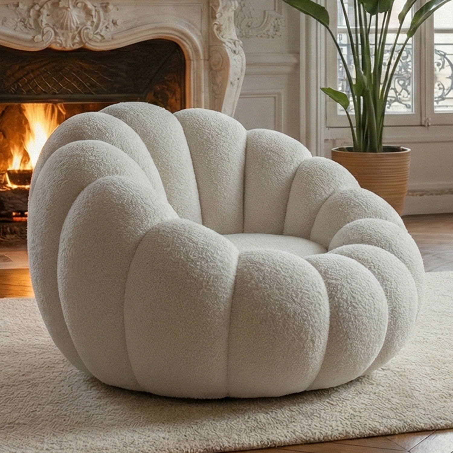 Fauteuil design coquillage Arielina Tissu bouclette Blanc
