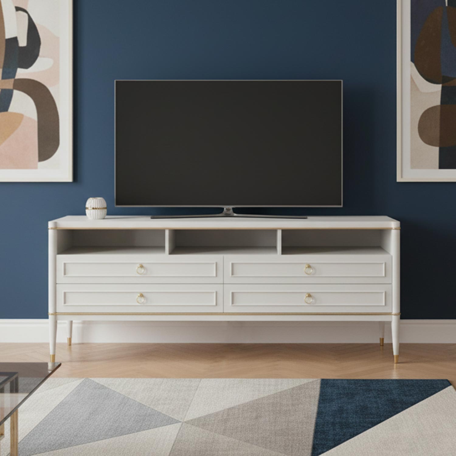 Meuble TV élégant 4 tiroirs Optimus Beige clair et Or