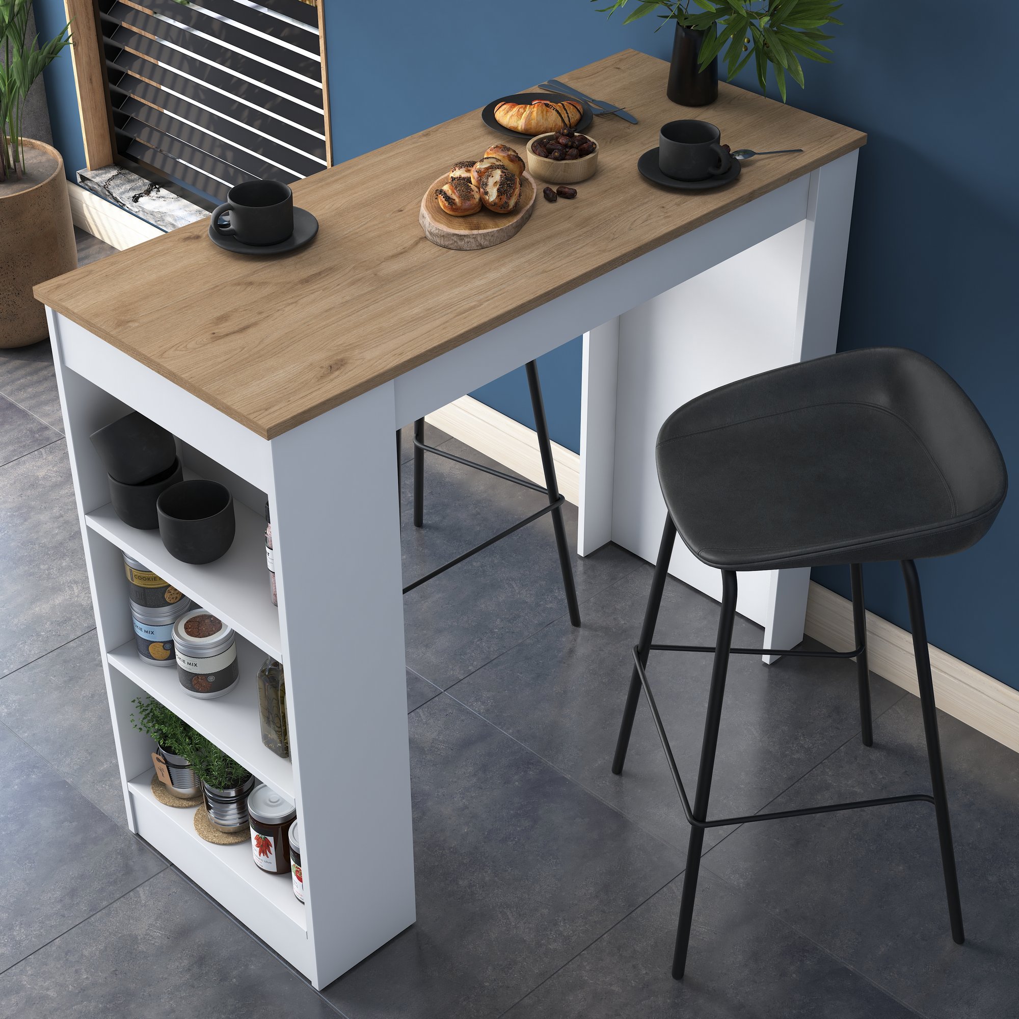 Table de bar 3 étagères L120cm Solidas Bois et Blanc