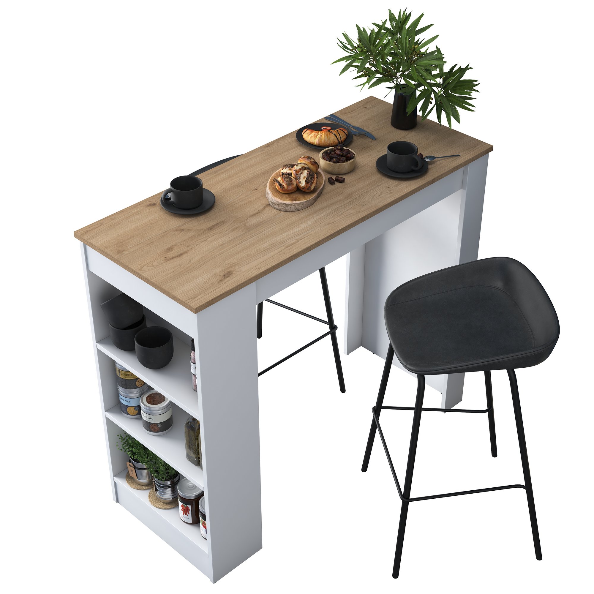 Table de bar 3 étagères L120cm Solidas Bois et Blanc
