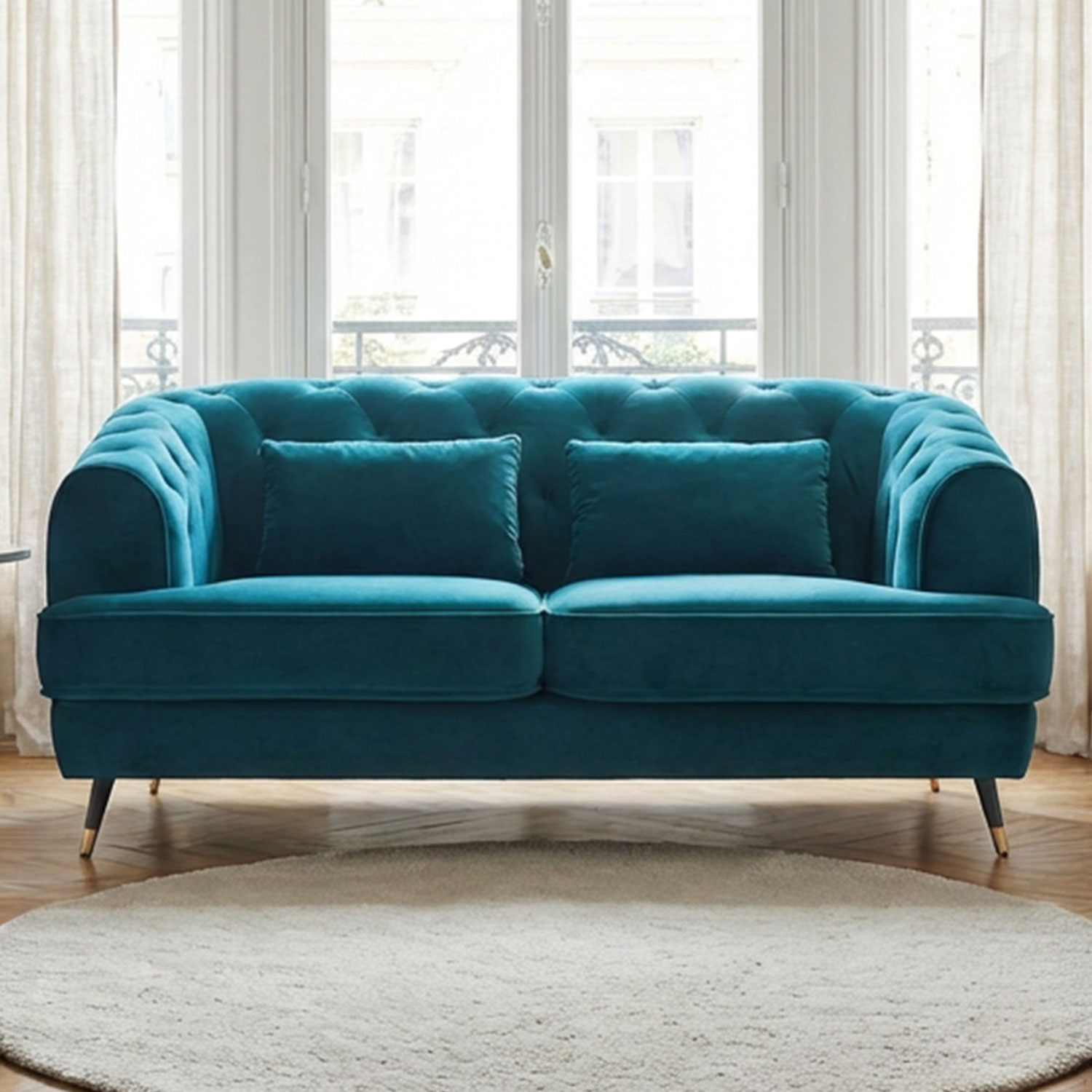 Canapé capitonné 2 places style boudoir Glams Velours Bleu canard