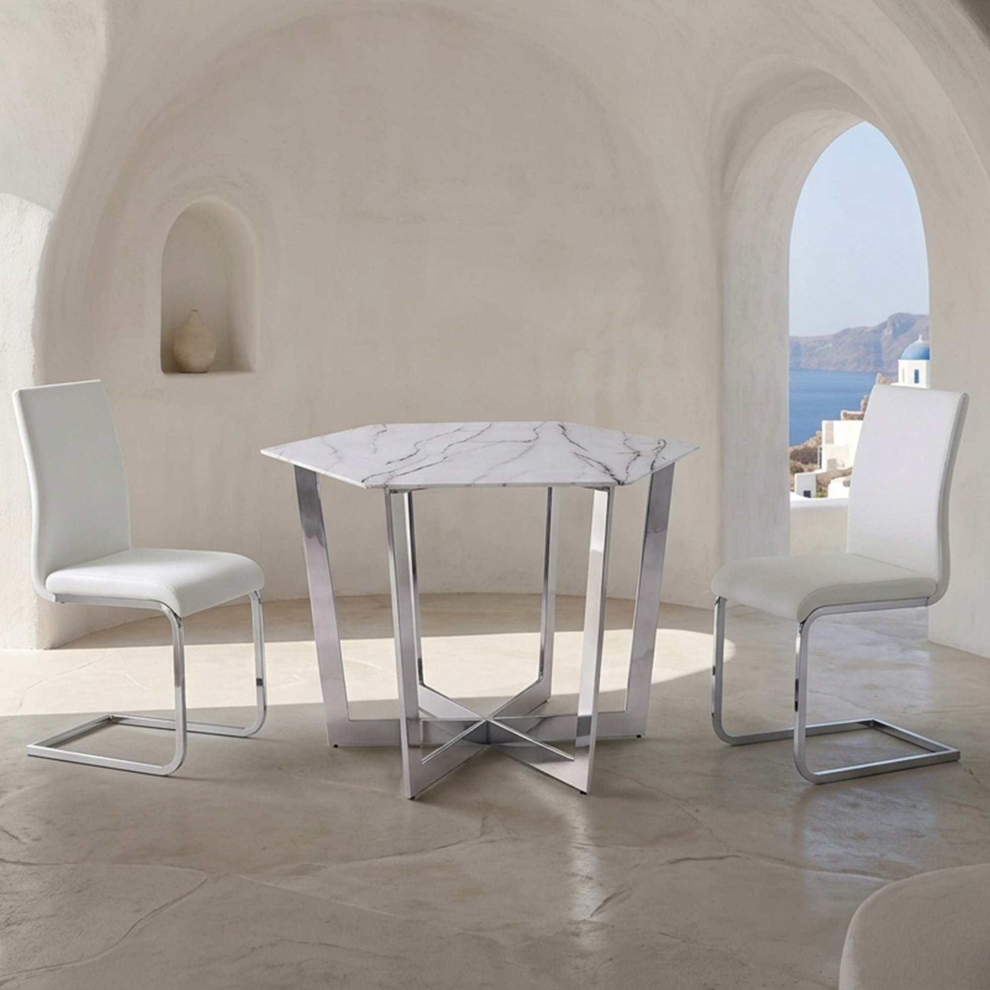 Table hexagonale 120cm Verre Effet marbre blanc et pied Métal Argent