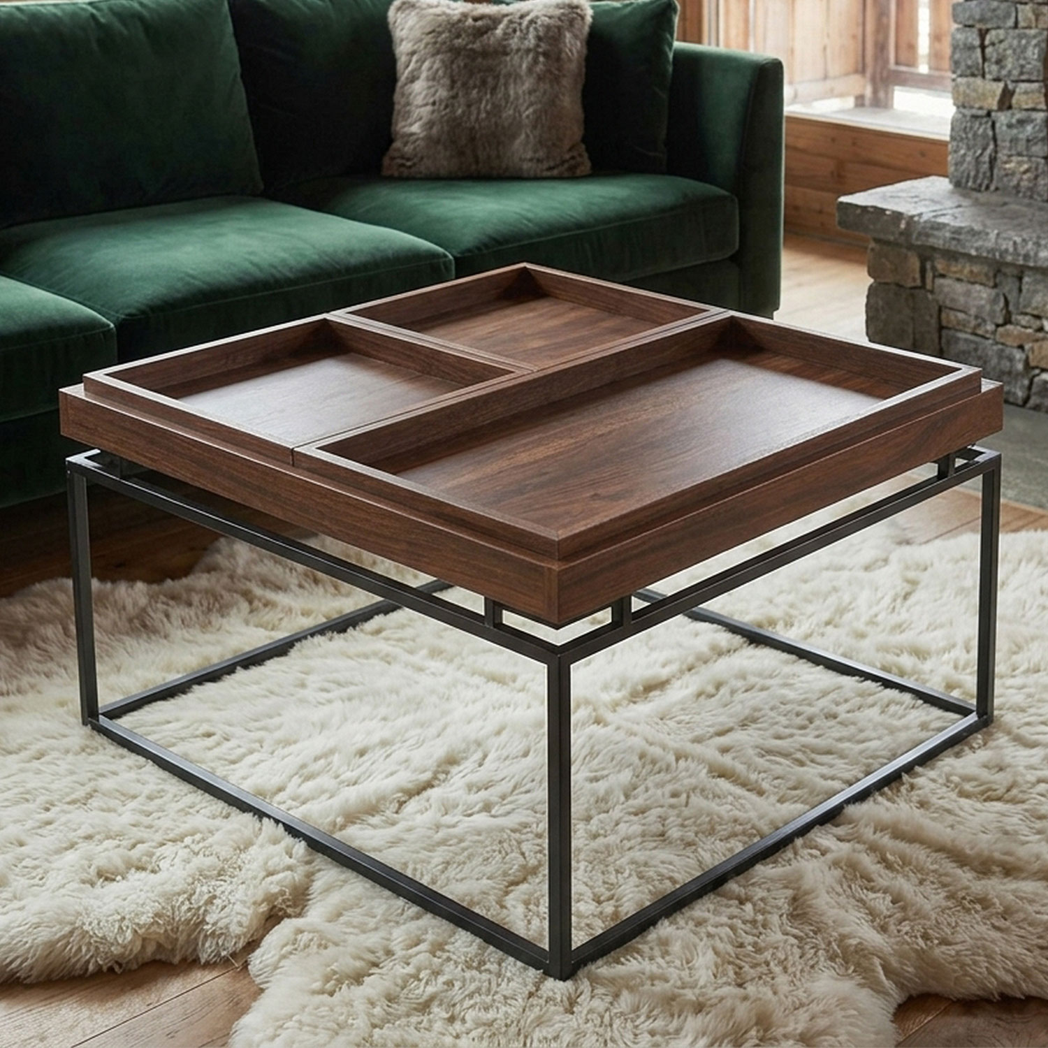 Table basse carrée avec plateau compartimenté réversible 80x80cm Duplix Bois Noisette