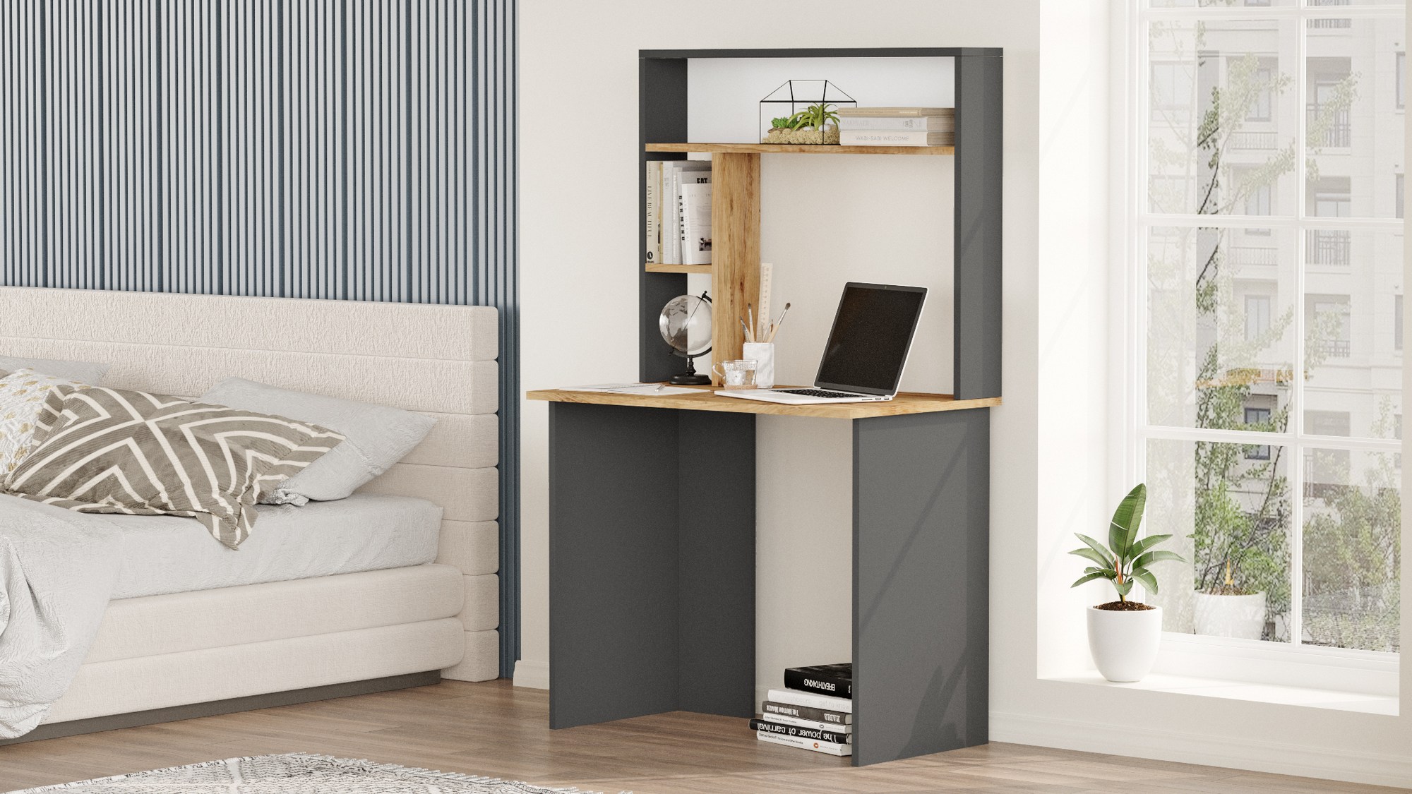 Bureau 3 étagères Nizart L90cm Bois et Anthracite