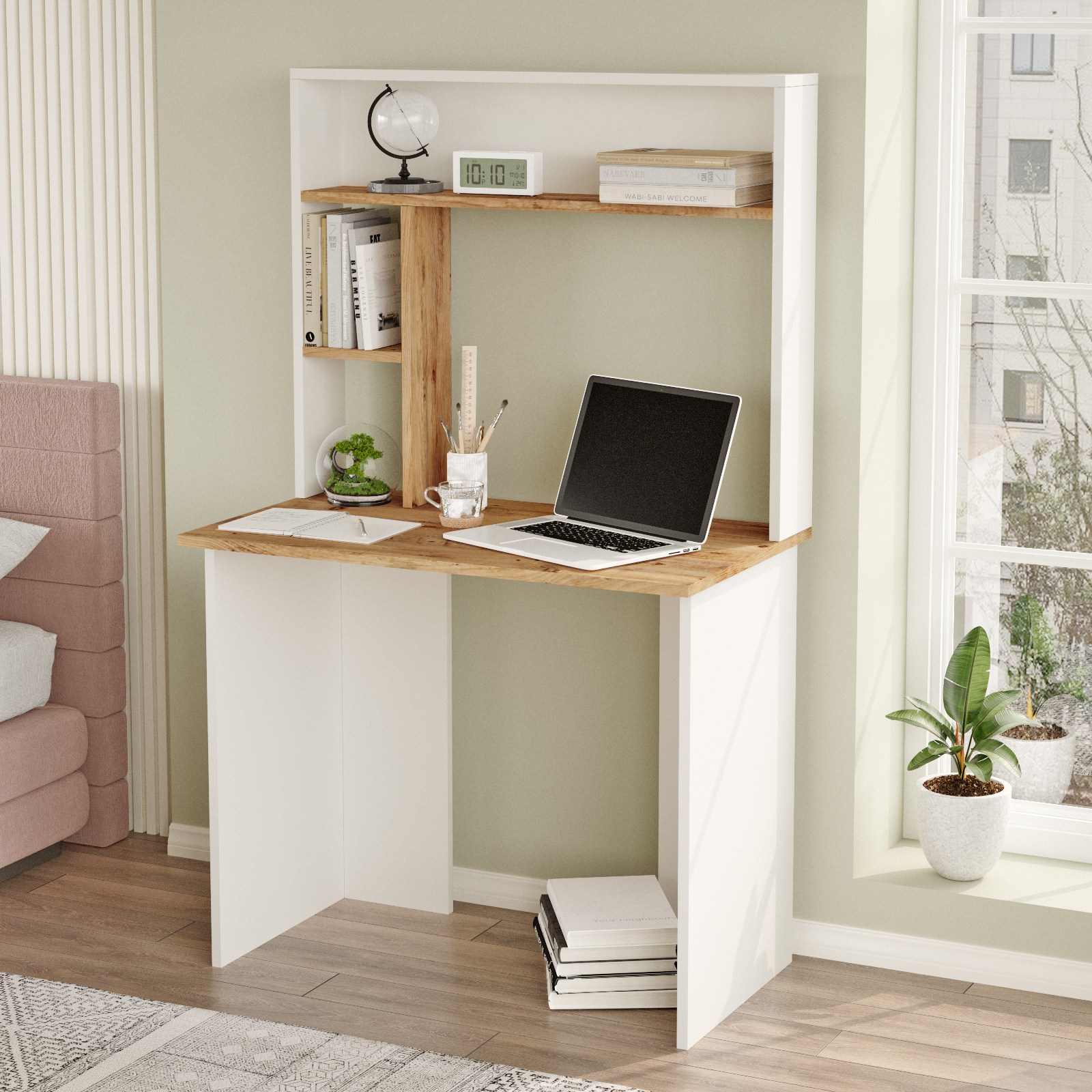 Bureau 3 étagères Nizart L90cm Bois et Blanc