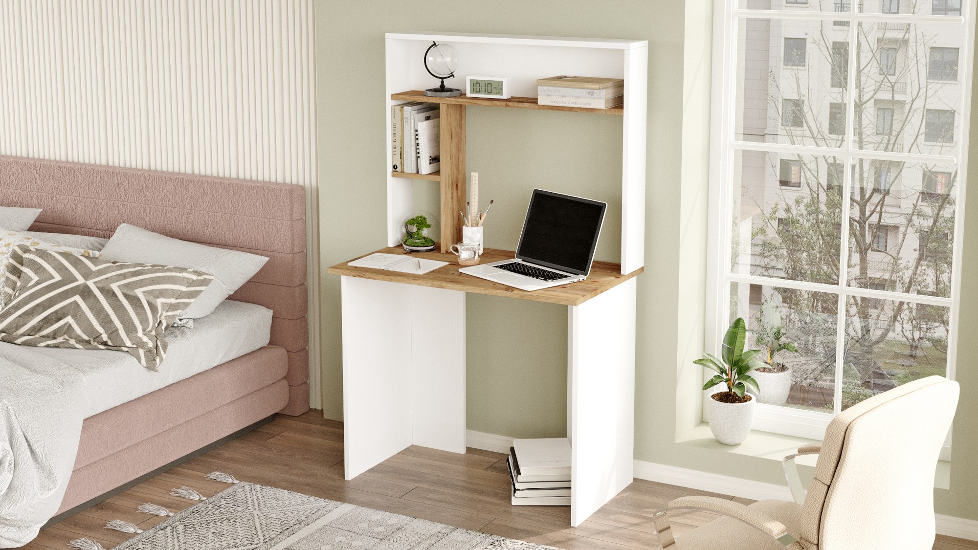 Bureau 3 étagères Nizart L90cm Bois et Blanc