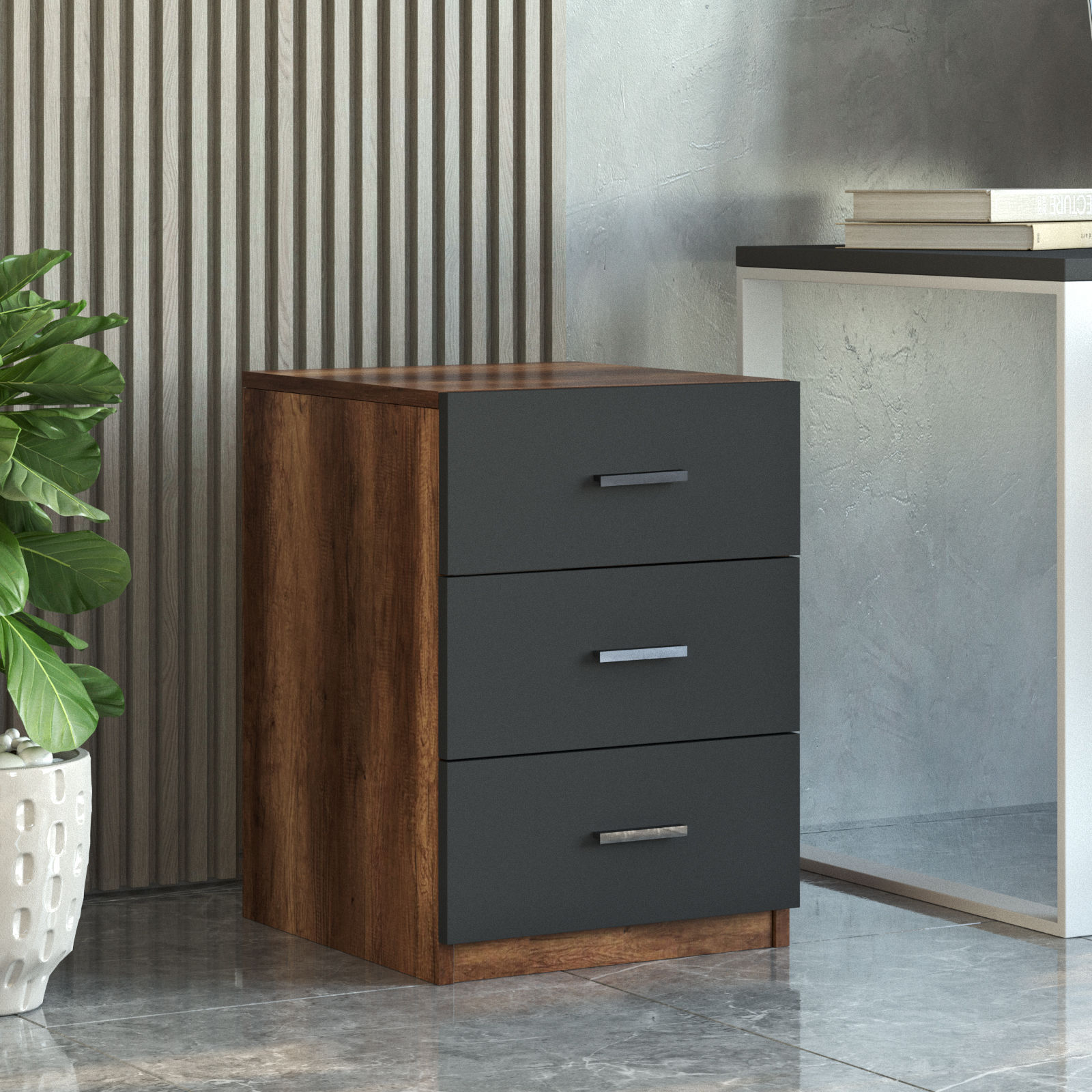 Table de chevet Moderne 3 Tiroirs Sylar Chêne foncé et Anthracite