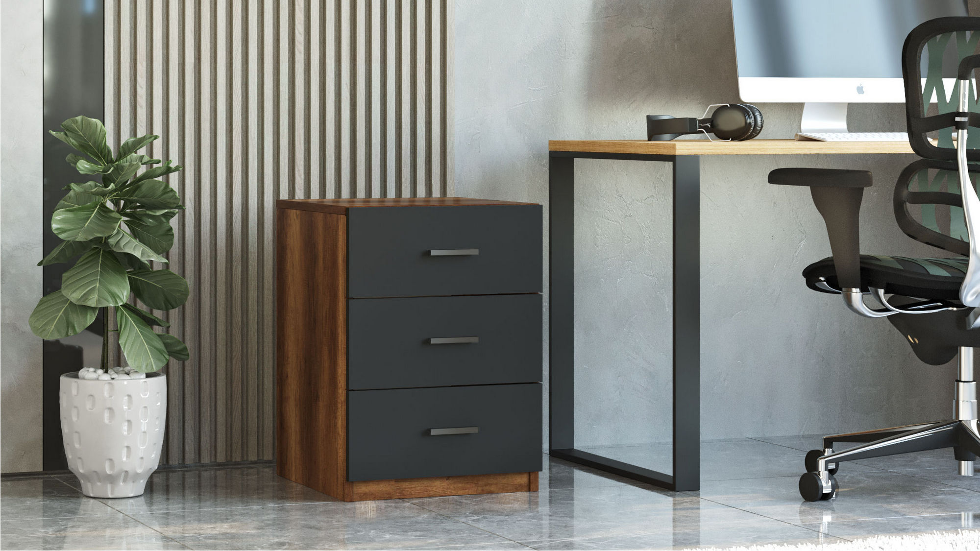 Table de chevet Moderne 3 Tiroirs Sylar Chêne foncé et Anthracite