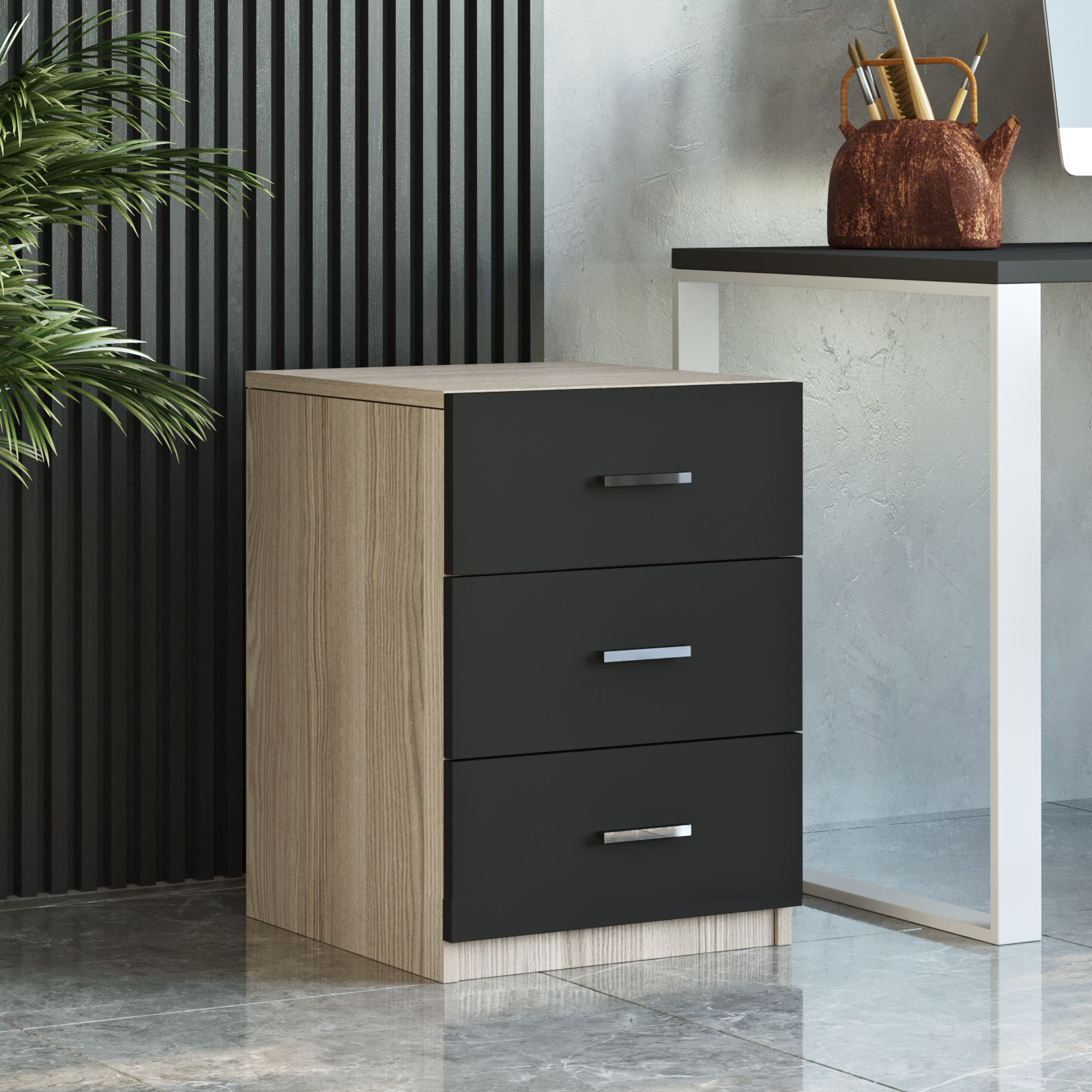 Table de chevet Moderne 3 Tiroirs Sylar Chêne et Noir