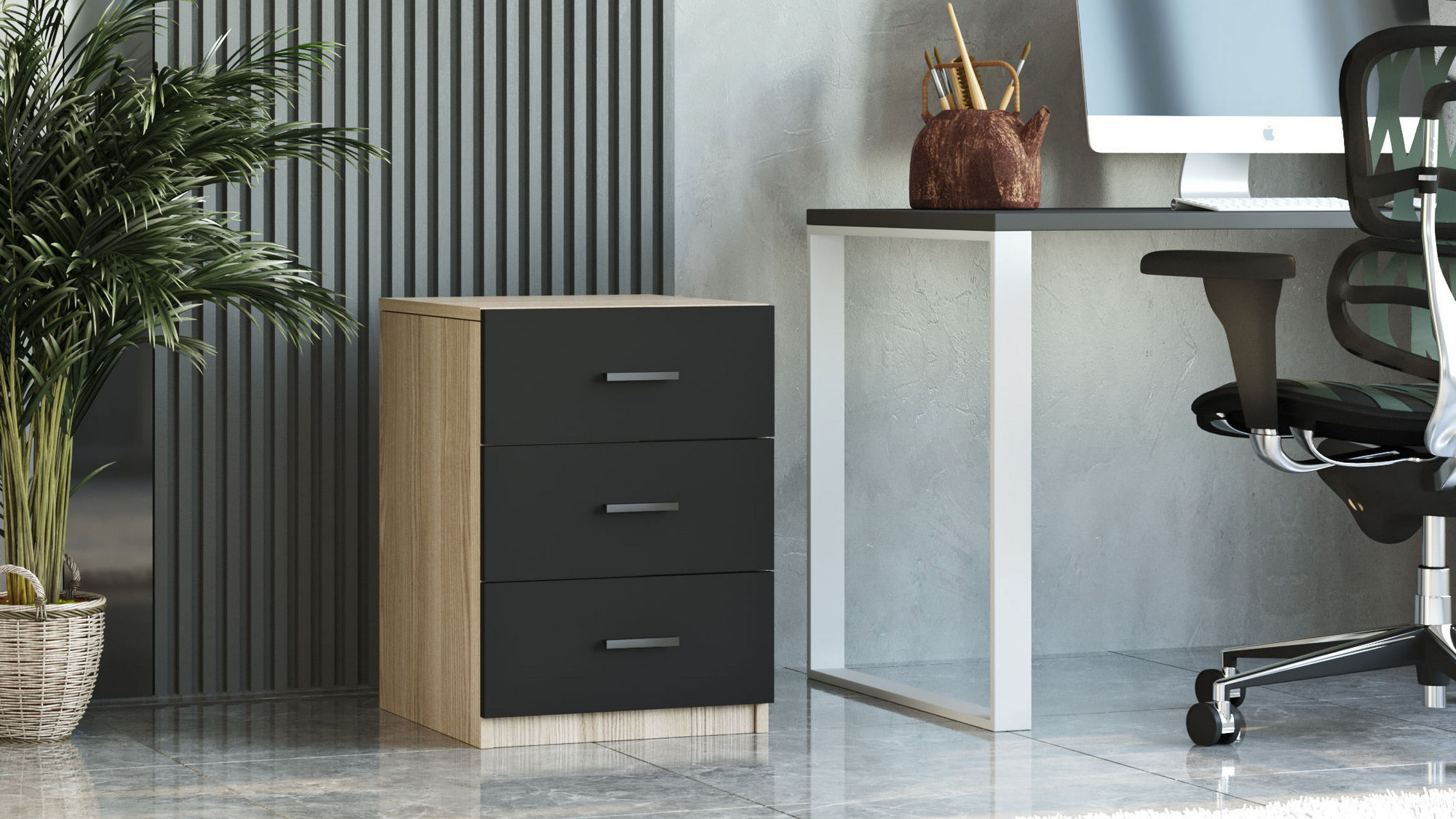 Table de chevet Moderne 3 Tiroirs Sylar Chêne et Noir