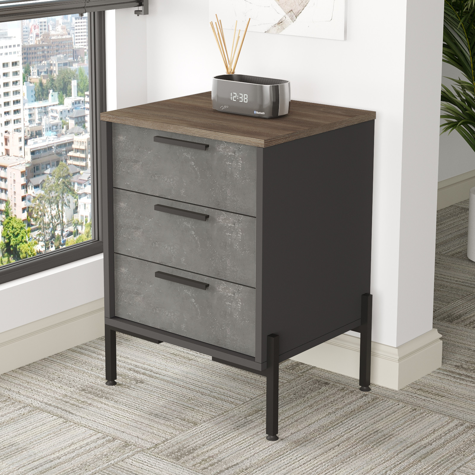 Table de chevet moderne 3 tiroirs Biallo Bois foncé, Gris béton et Anthracite