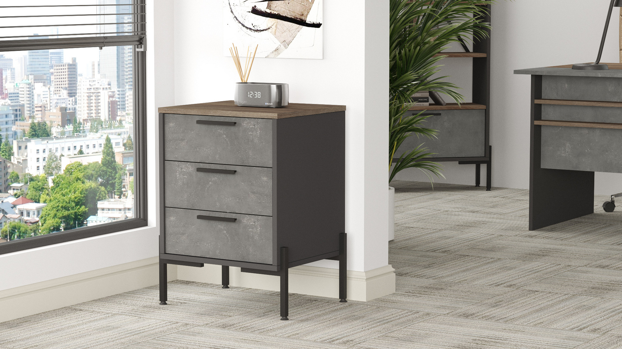 Table de chevet moderne 3 tiroirs Biallo Bois foncé, Gris béton et Anthracite