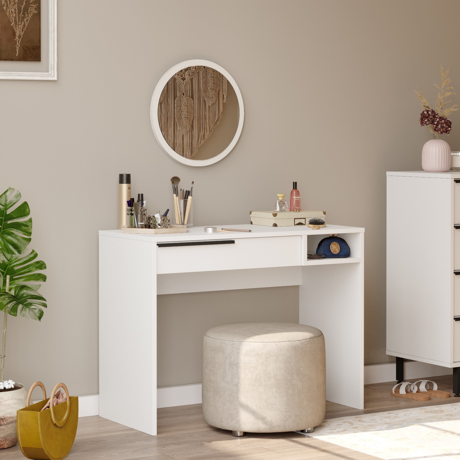 Coiffeuse à tiroir L100cm avec miroir rond Onara Blanc