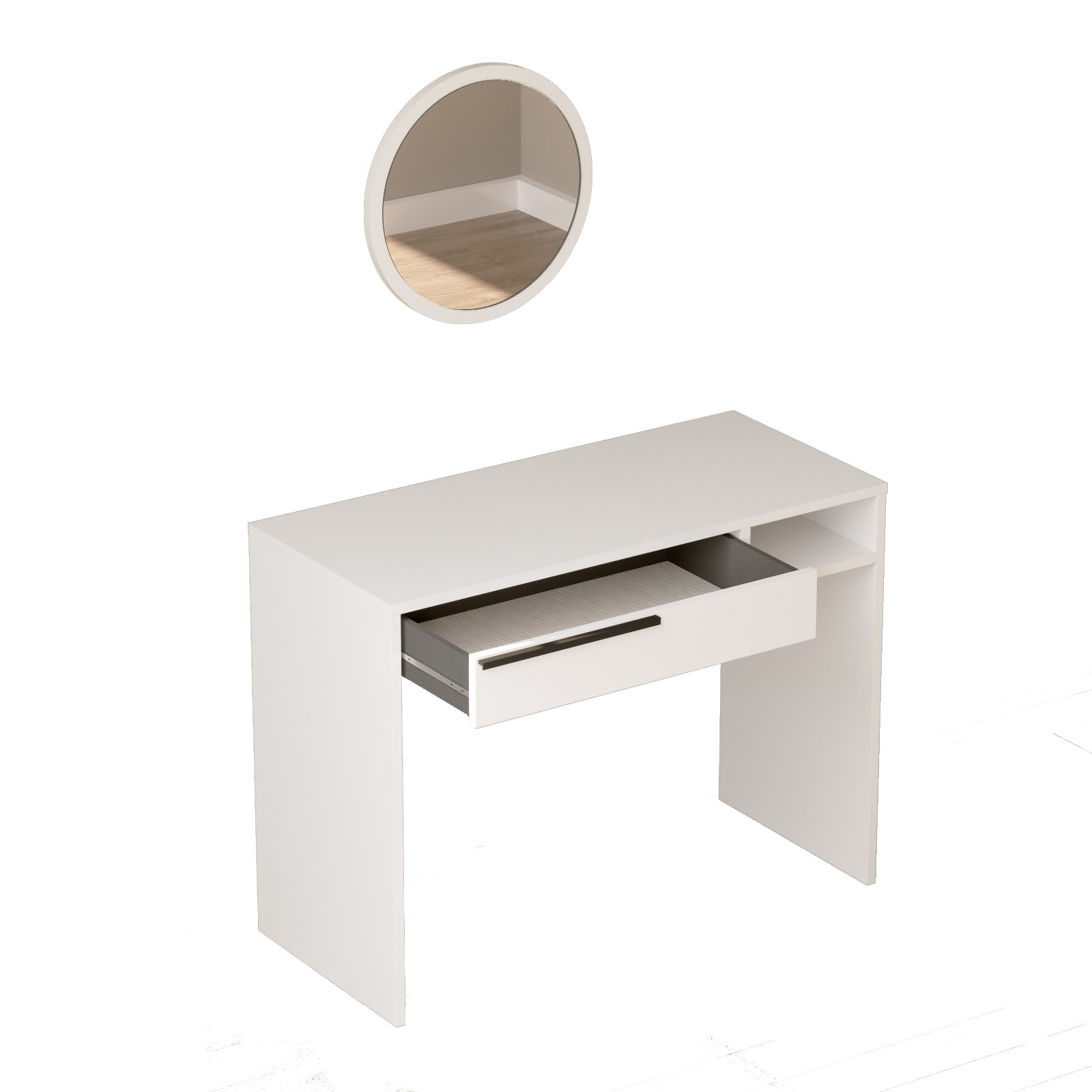 Coiffeuse à tiroir L100cm avec miroir rond Onara Blanc