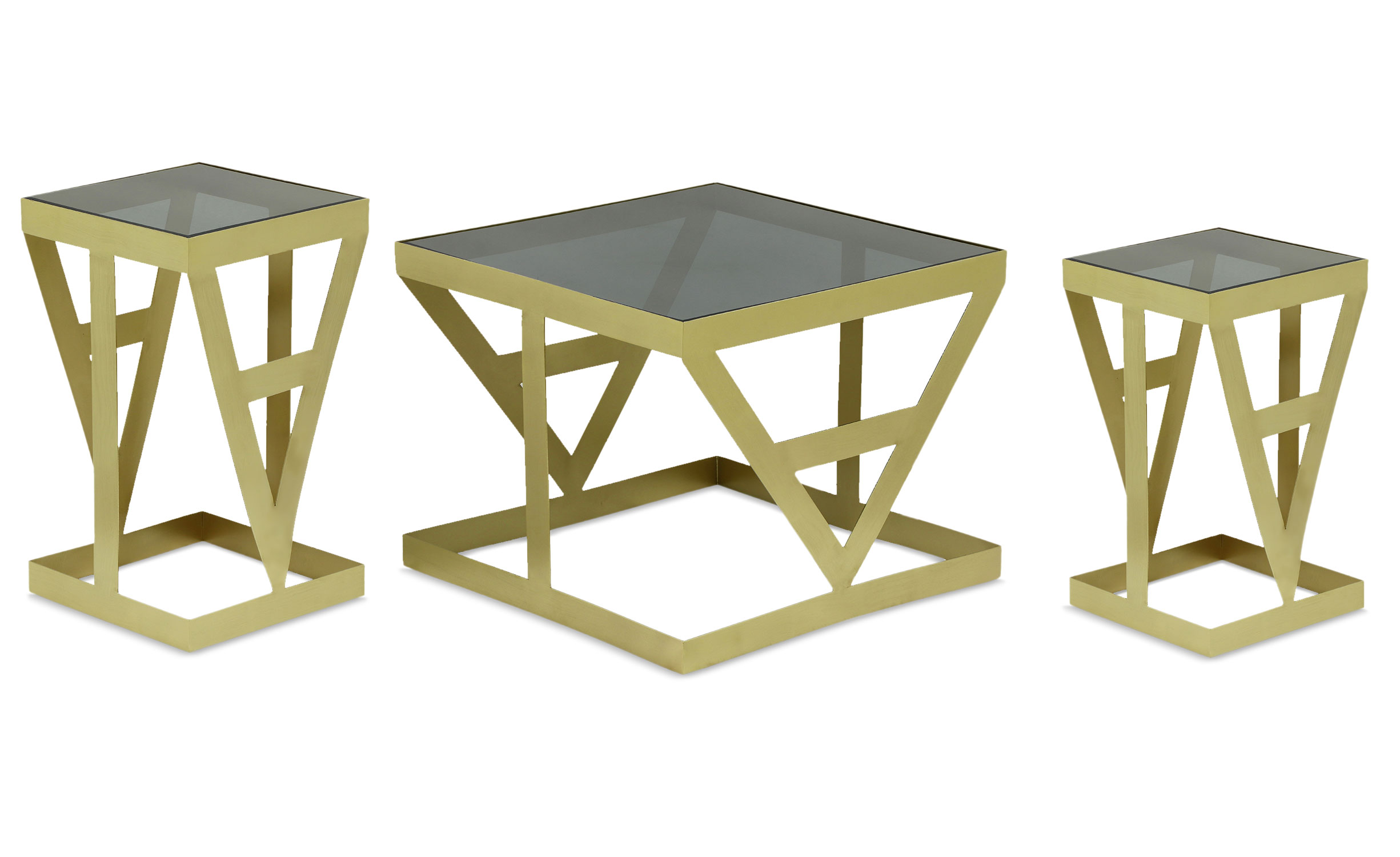 Ensemble de 3 tables d'appoint Amstra en Verre fumé et Métal Or