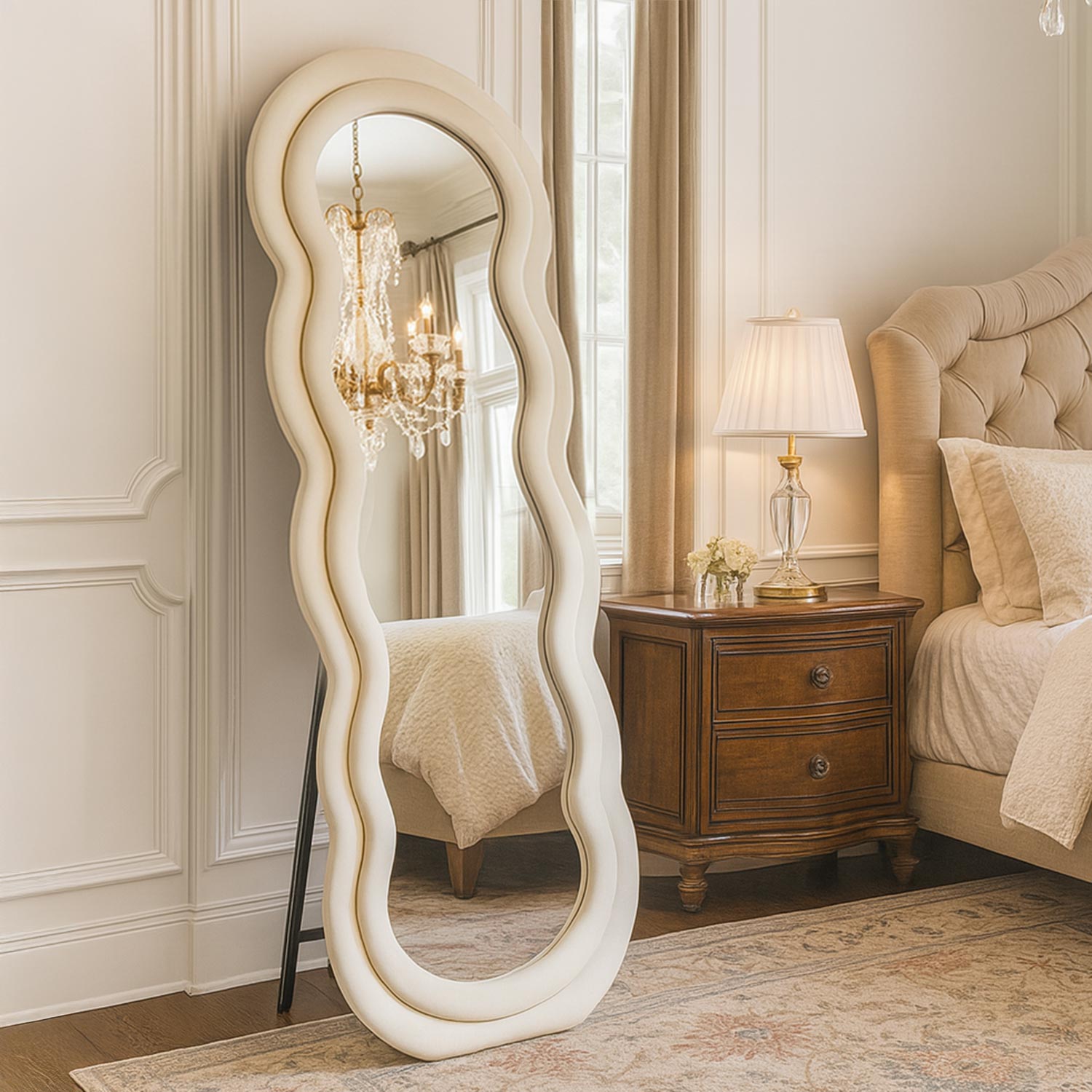 Miroir en pied décoratif design ondulé Andromak 70x170cm Velours Crème