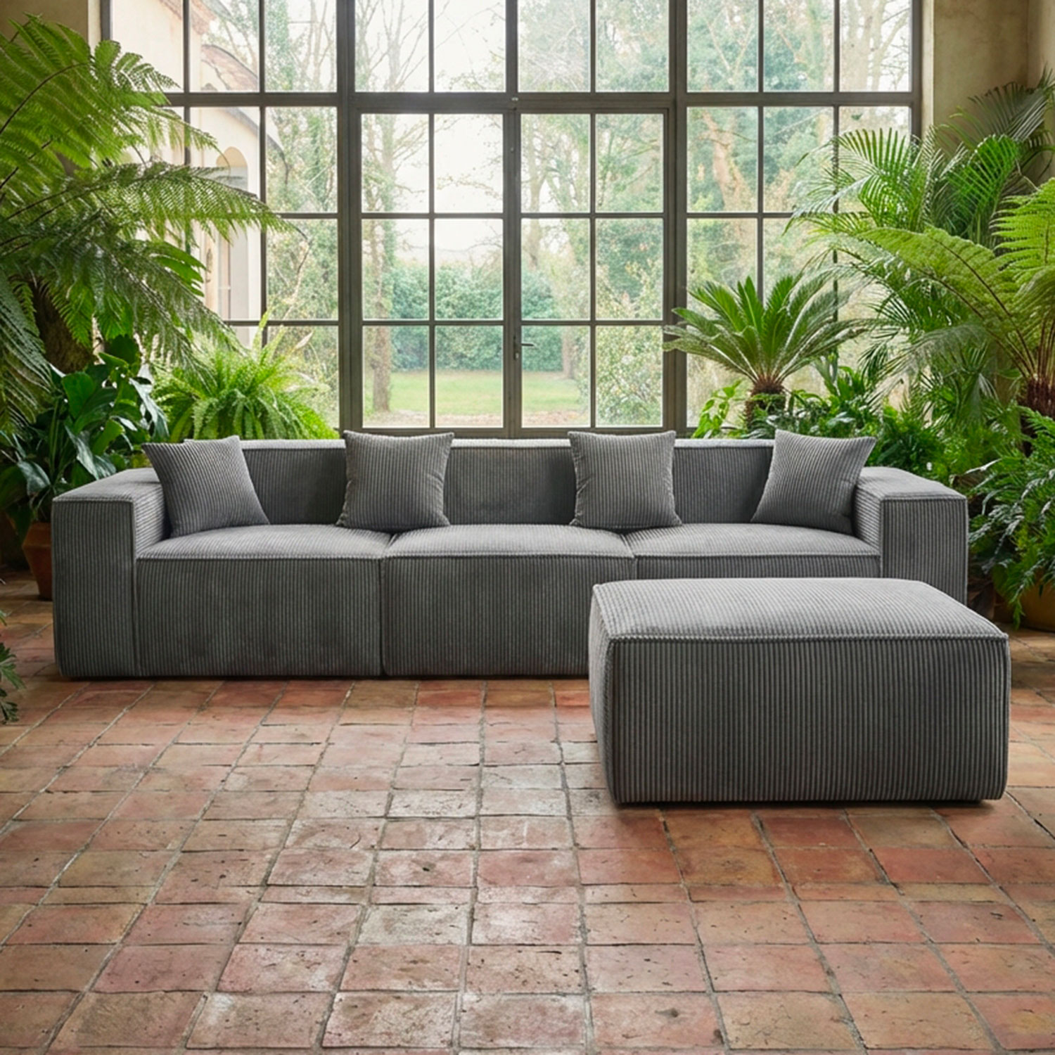 Canapé modulable en angle avec pouf Archiduc Velours côtelé Gris foncé