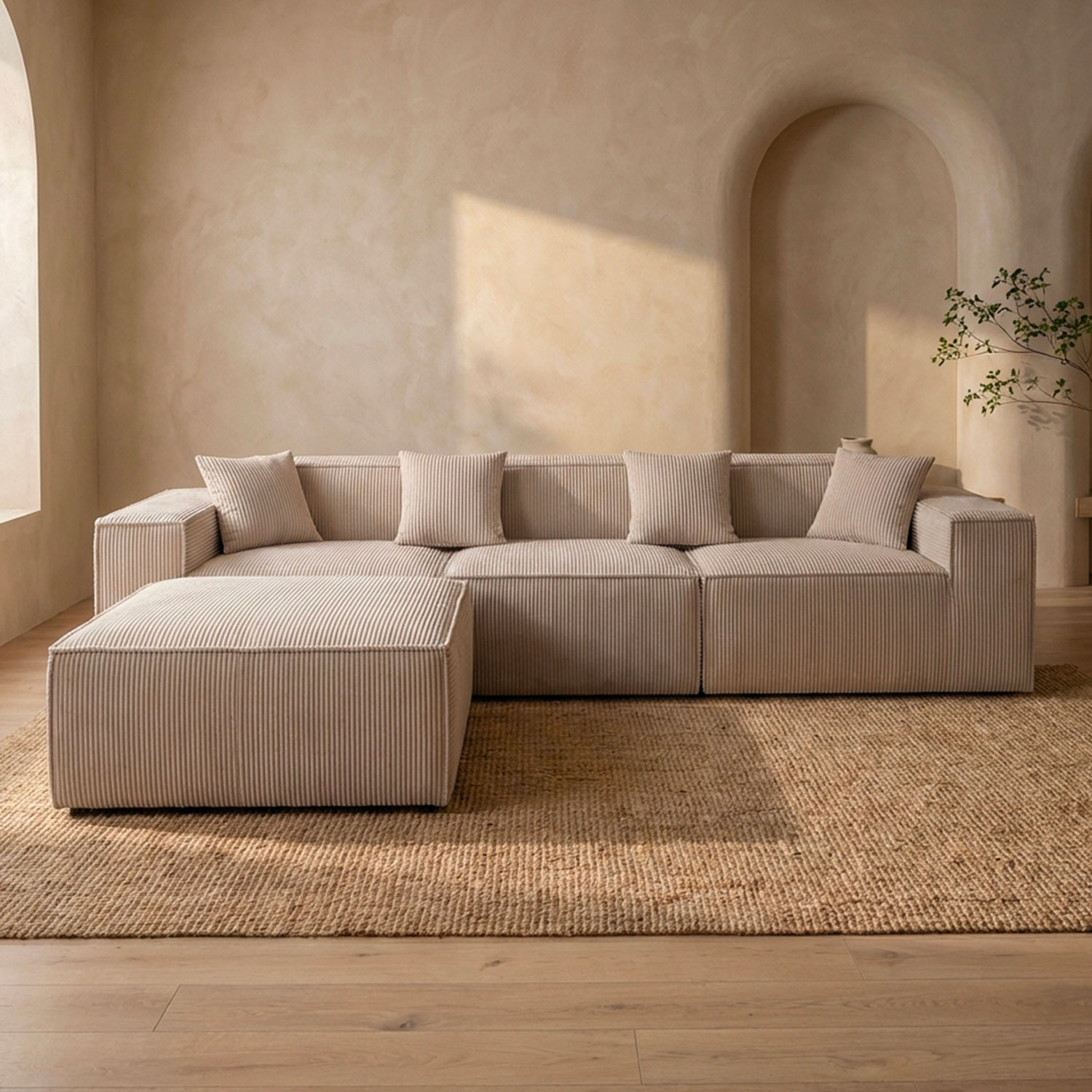 Canapé modulable en angle avec pouf Archiduc Velours côtelé Taupe